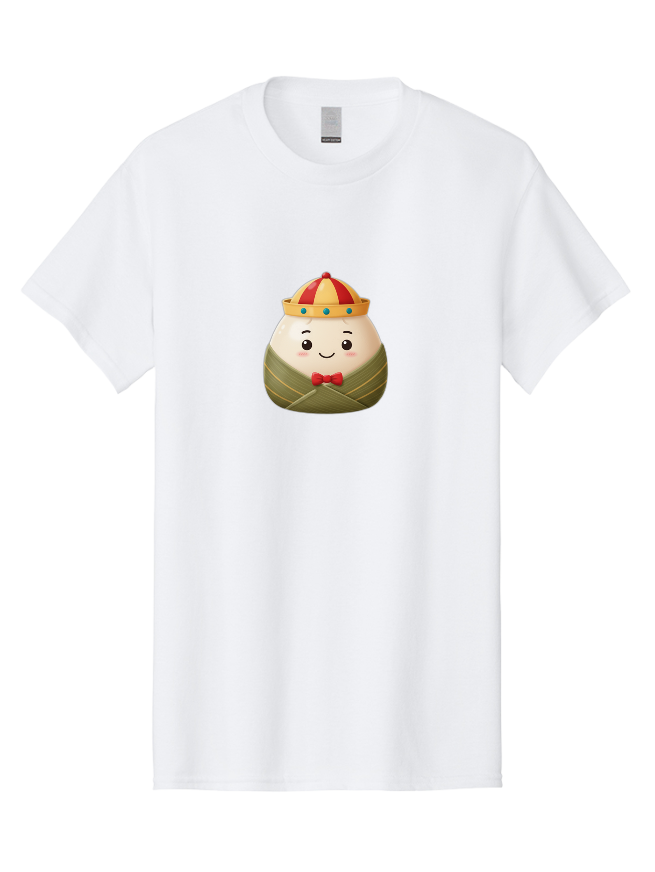 Zongzi-2 Men'S Graphic Tee, 100% Cotton, Comfortable Casual Summer Wear, Machine Washable, Bakra Wong, Cartoon Character, Dumpling, Steamed Bun, Red Bow Tie, Yellow Crown, Red And Yellow Hat, Blue Gems, Kawaii, Cute, Smiling Face, Bab603 14
