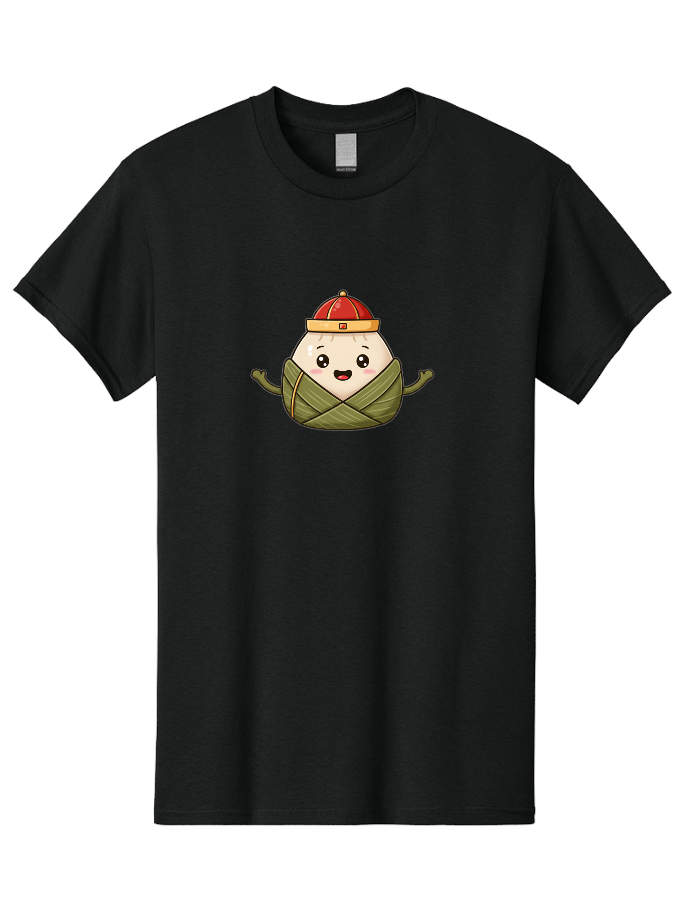 Zongzi-Cartoon-Character Men'S Graphic Tee, 100% Cotton, Comfortable Casual Summer Wear, Machine Washable, Cartoon Zongzi, Chinese Rice Dumpling, Traditional Food, Dragon Boat Festival, Happy Face, Red Hat, Green Wrapping, Cute Character, Bab606