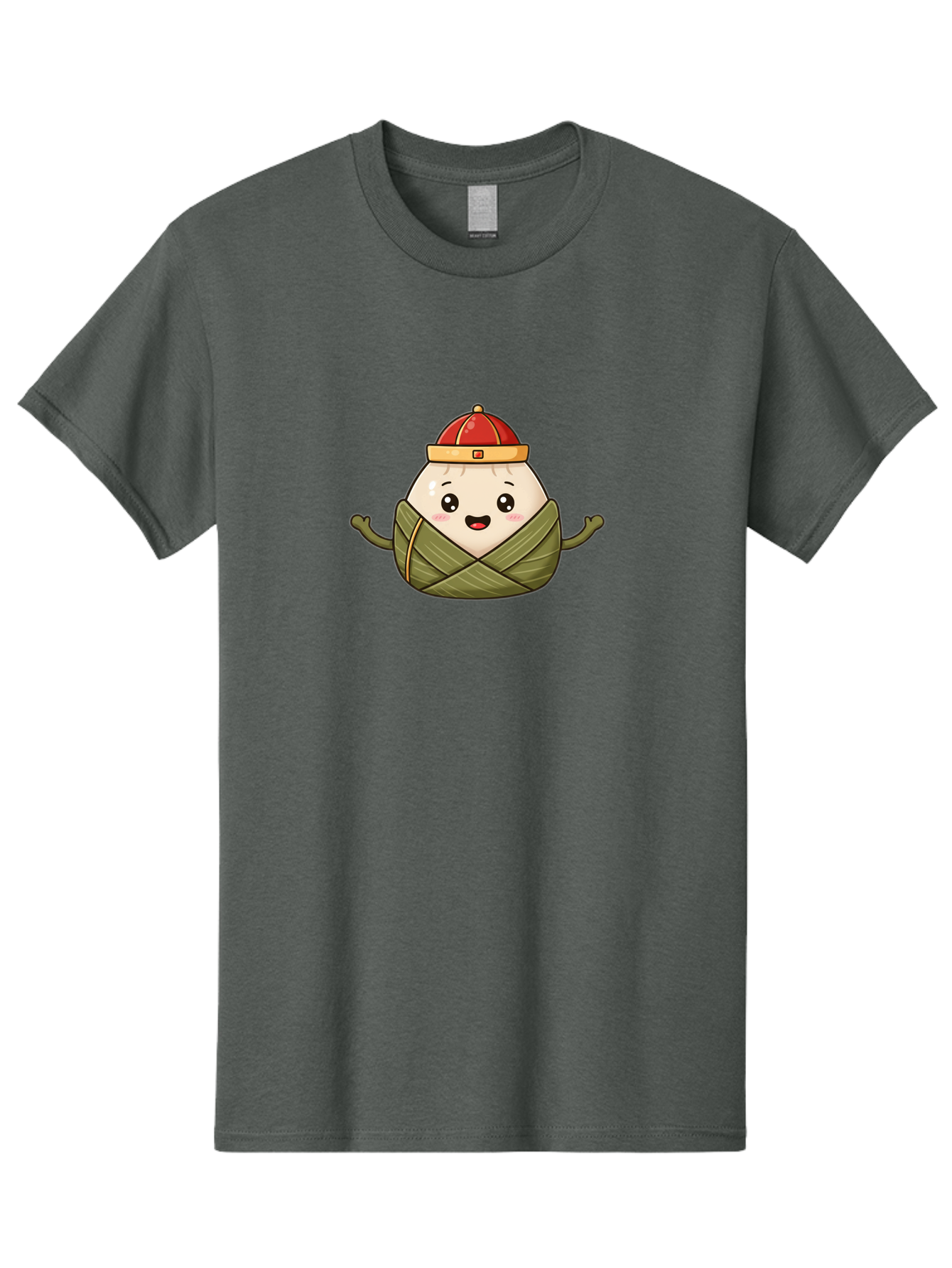 Zongzi-Cartoon-Character Men'S Graphic Tee, 100% Cotton, Comfortable Casual Summer Wear, Machine Washable, Cartoon Zongzi, Chinese Rice Dumpling, Traditional Food, Dragon Boat Festival, Happy Face, Red Hat, Green Wrapping, Cute Character, Bab606 9