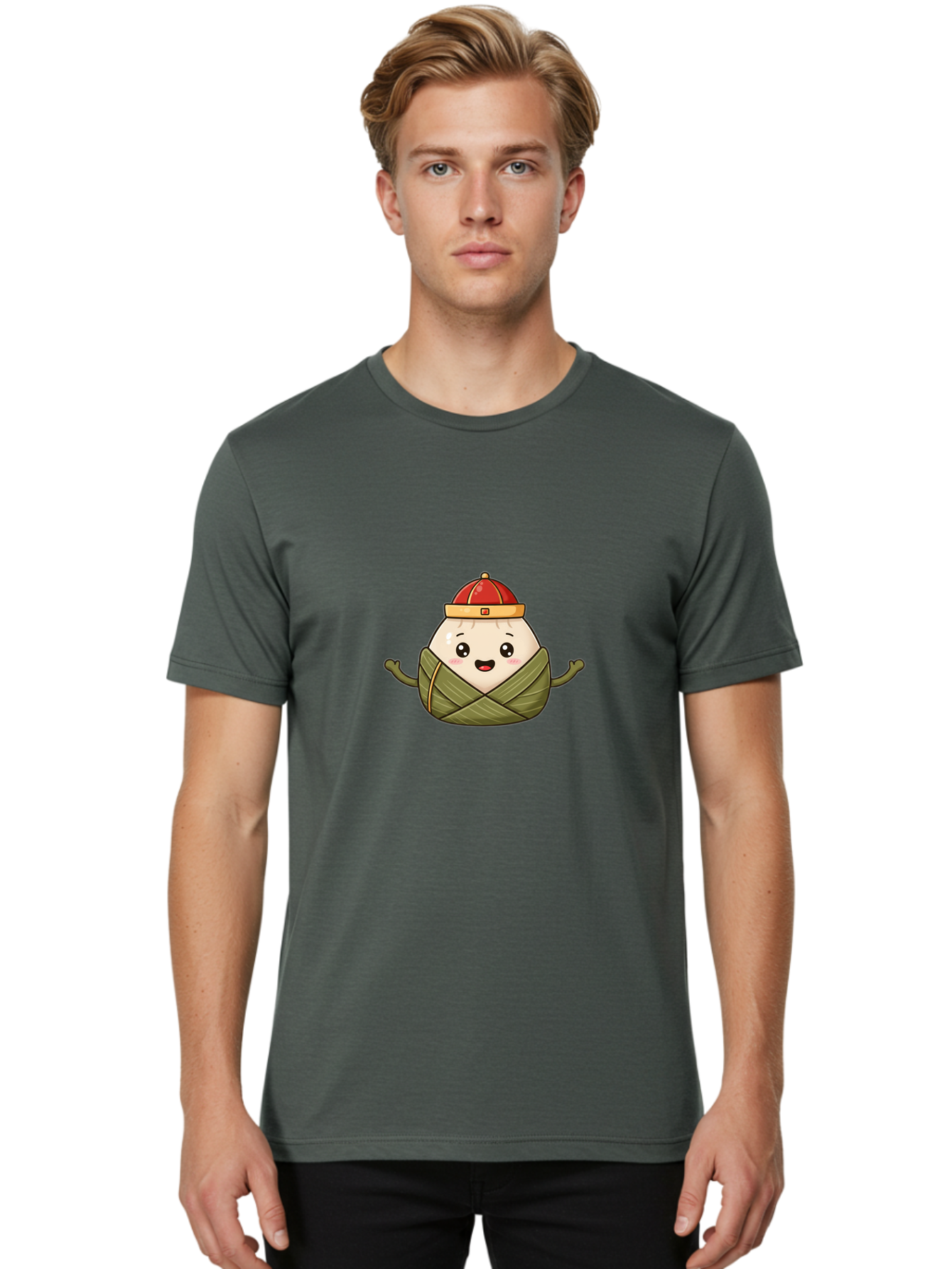 Zongzi-Cartoon-Character Men'S Graphic Tee, 100% Cotton, Comfortable Casual Summer Wear, Machine Washable, Cartoon Zongzi, Chinese Rice Dumpling, Traditional Food, Dragon Boat Festival, Happy Face, Red Hat, Green Wrapping, Cute Character, Bab606 24