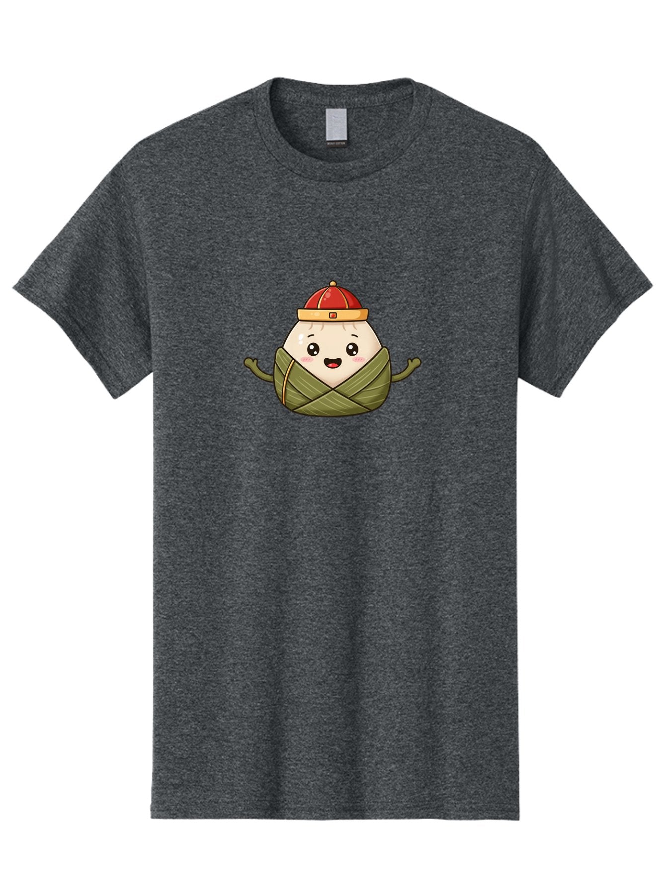 Zongzi-Cartoon-Character Men'S Graphic Tee, 100% Cotton, Comfortable Casual Summer Wear, Machine Washable, Cartoon Zongzi, Chinese Rice Dumpling, Traditional Food, Dragon Boat Festival, Happy Face, Red Hat, Green Wrapping, Cute Character, Bab606