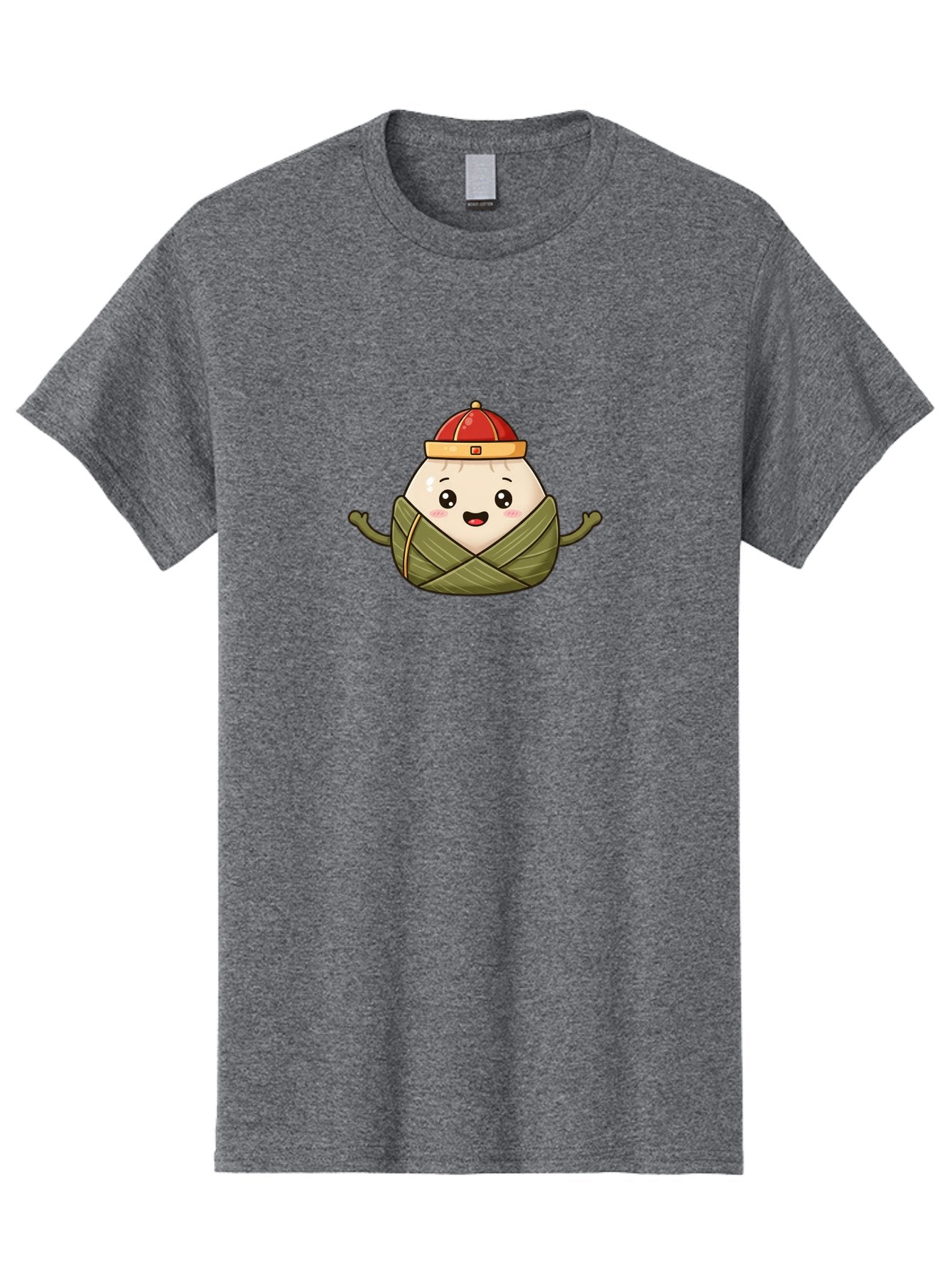 Zongzi-Cartoon-Character Men'S Graphic Tee, 100% Cotton, Comfortable Casual Summer Wear, Machine Washable, Cartoon Zongzi, Chinese Rice Dumpling, Traditional Food, Dragon Boat Festival, Happy Face, Red Hat, Green Wrapping, Cute Character, Bab606 13
