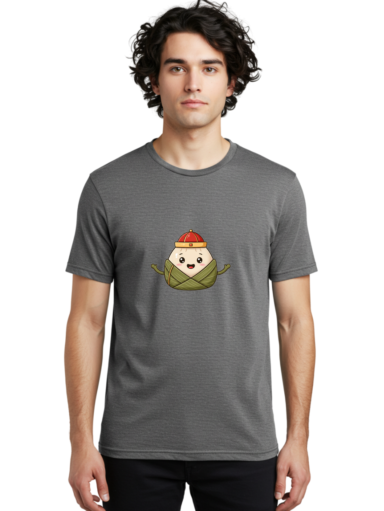 Zongzi-Cartoon-Character Men'S Graphic Tee, 100% Cotton, Comfortable Casual Summer Wear, Machine Washable, Cartoon Zongzi, Chinese Rice Dumpling, Traditional Food, Dragon Boat Festival, Happy Face, Red Hat, Green Wrapping, Cute Character, Bab606 30