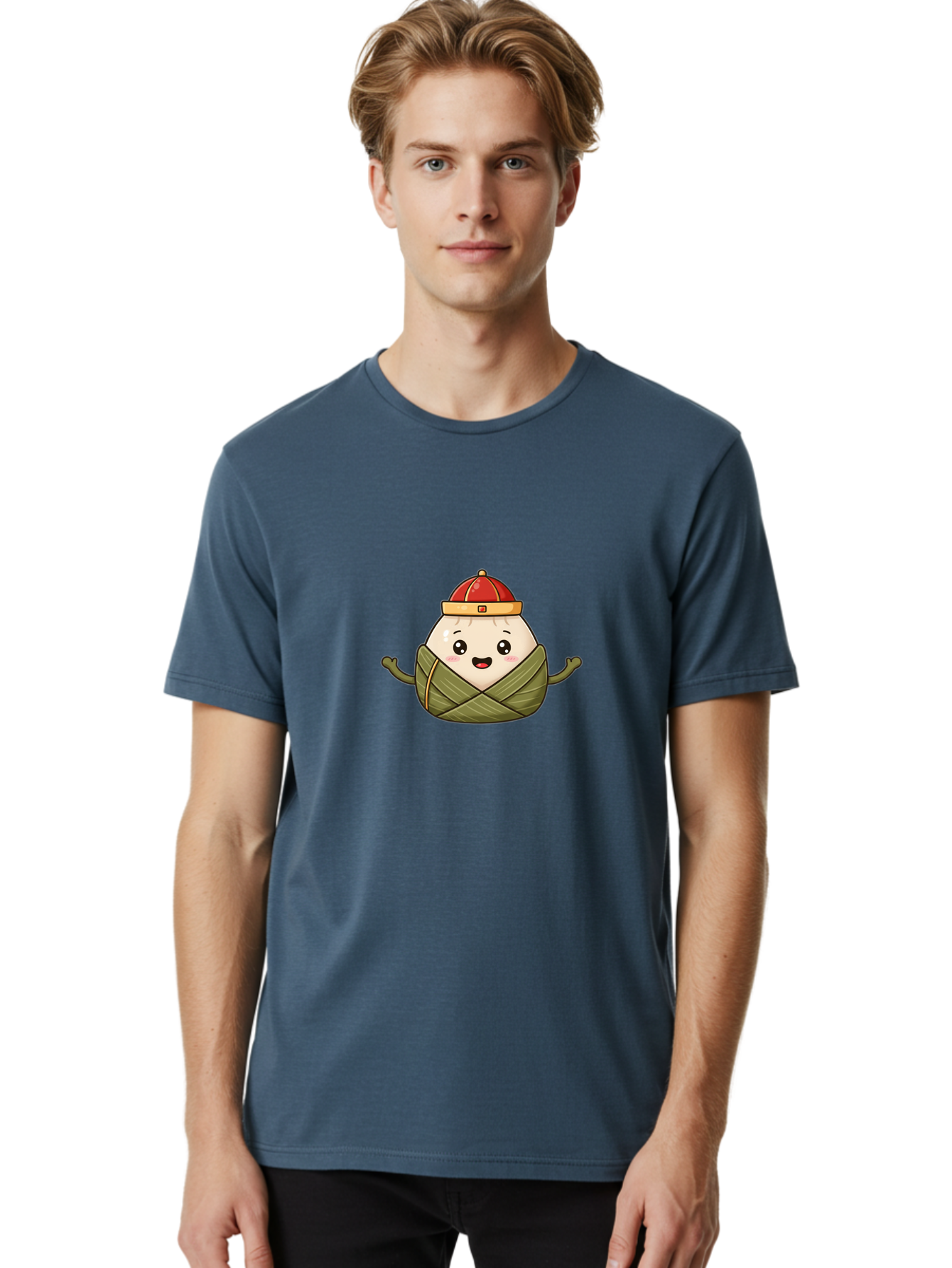 Zongzi-Cartoon-Character Men'S Graphic Tee, 100% Cotton, Comfortable Casual Summer Wear, Machine Washable, Cartoon Zongzi, Chinese Rice Dumpling, Traditional Food, Dragon Boat Festival, Happy Face, Red Hat, Green Wrapping, Cute Character, Bab606 26