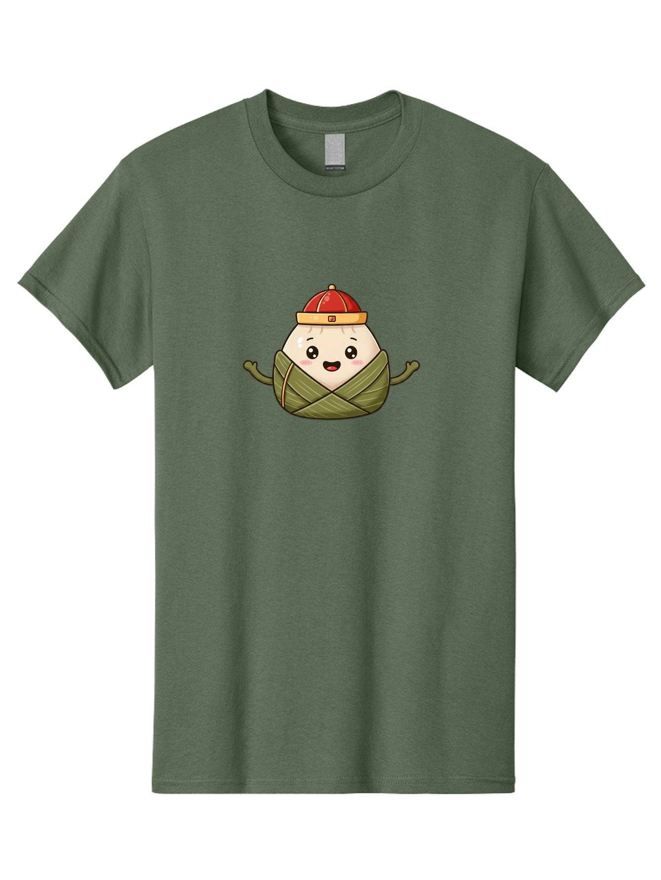 Zongzi-Cartoon-Character Men'S Graphic Tee, 100% Cotton, Comfortable Casual Summer Wear, Machine Washable, Cartoon Zongzi, Chinese Rice Dumpling, Traditional Food, Dragon Boat Festival, Happy Face, Red Hat, Green Wrapping, Cute Character, Bab606 6
