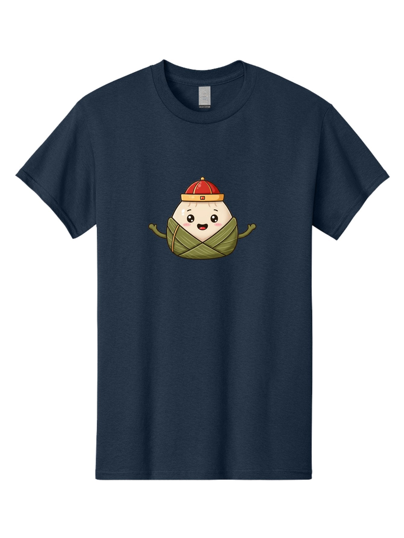 Zongzi-Cartoon-Character Men'S Graphic Tee, 100% Cotton, Comfortable Casual Summer Wear, Machine Washable, Cartoon Zongzi, Chinese Rice Dumpling, Traditional Food, Dragon Boat Festival, Happy Face, Red Hat, Green Wrapping, Cute Character, Bab606 4