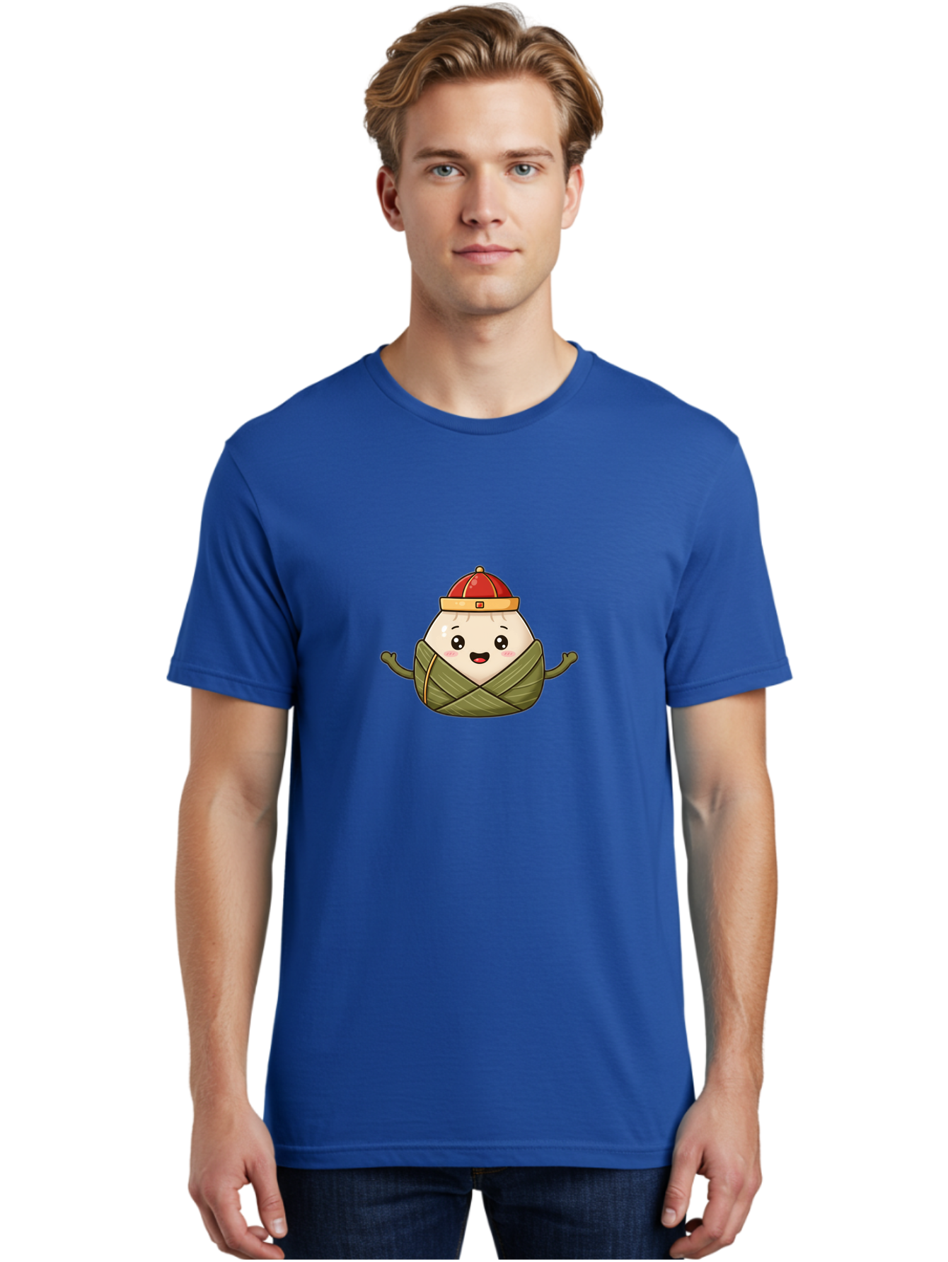 Zongzi-Cartoon-Character Men'S Graphic Tee, 100% Cotton, Comfortable Casual Summer Wear, Machine Washable, Cartoon Zongzi, Chinese Rice Dumpling, Traditional Food, Dragon Boat Festival, Happy Face, Red Hat, Green Wrapping, Cute Character, Bab606 16
