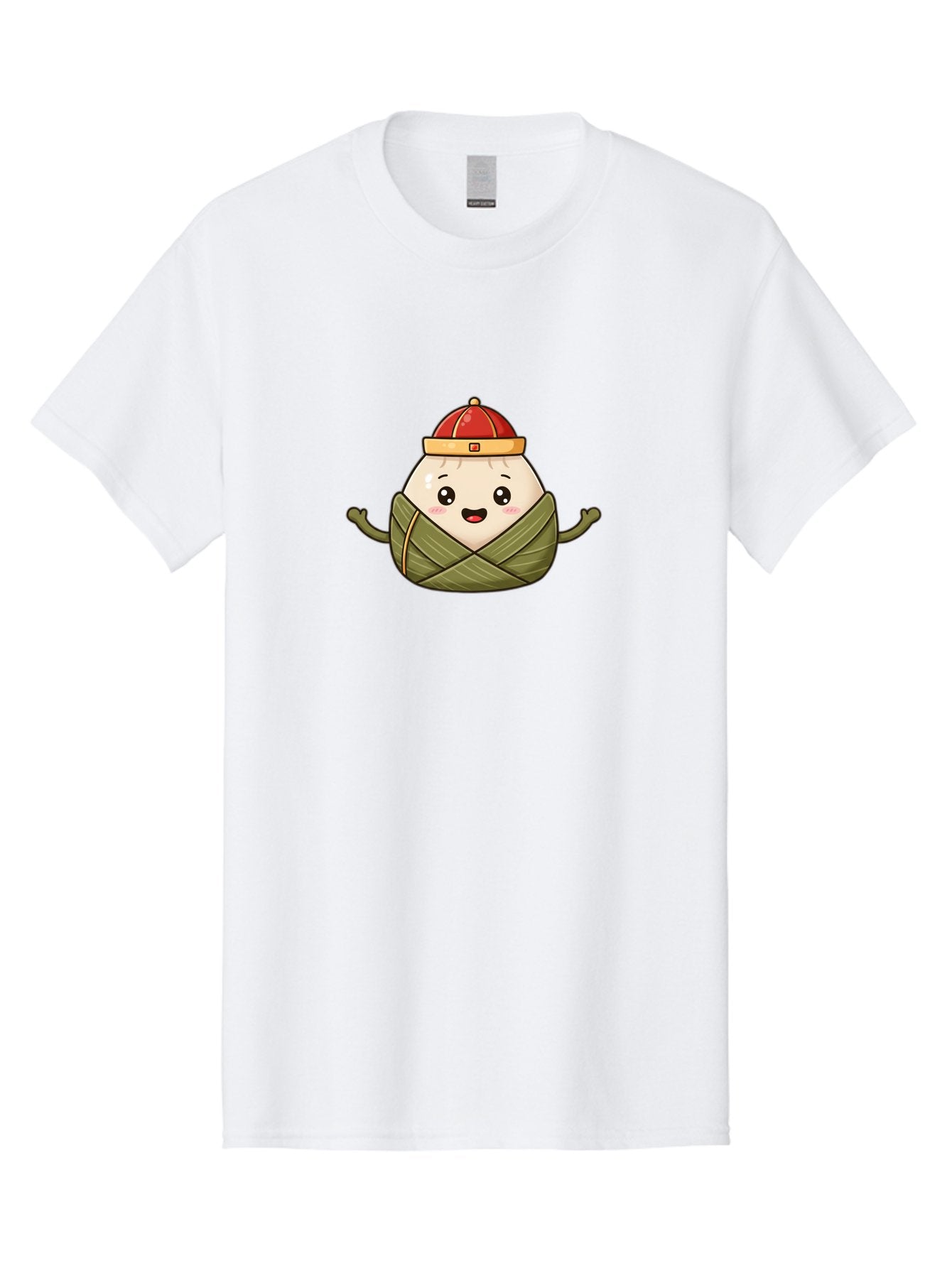 Zongzi-Cartoon-Character Men'S Graphic Tee, 100% Cotton, Comfortable Casual Summer Wear, Machine Washable, Cartoon Zongzi, Chinese Rice Dumpling, Traditional Food, Dragon Boat Festival, Happy Face, Red Hat, Green Wrapping, Cute Character, Bab606 7