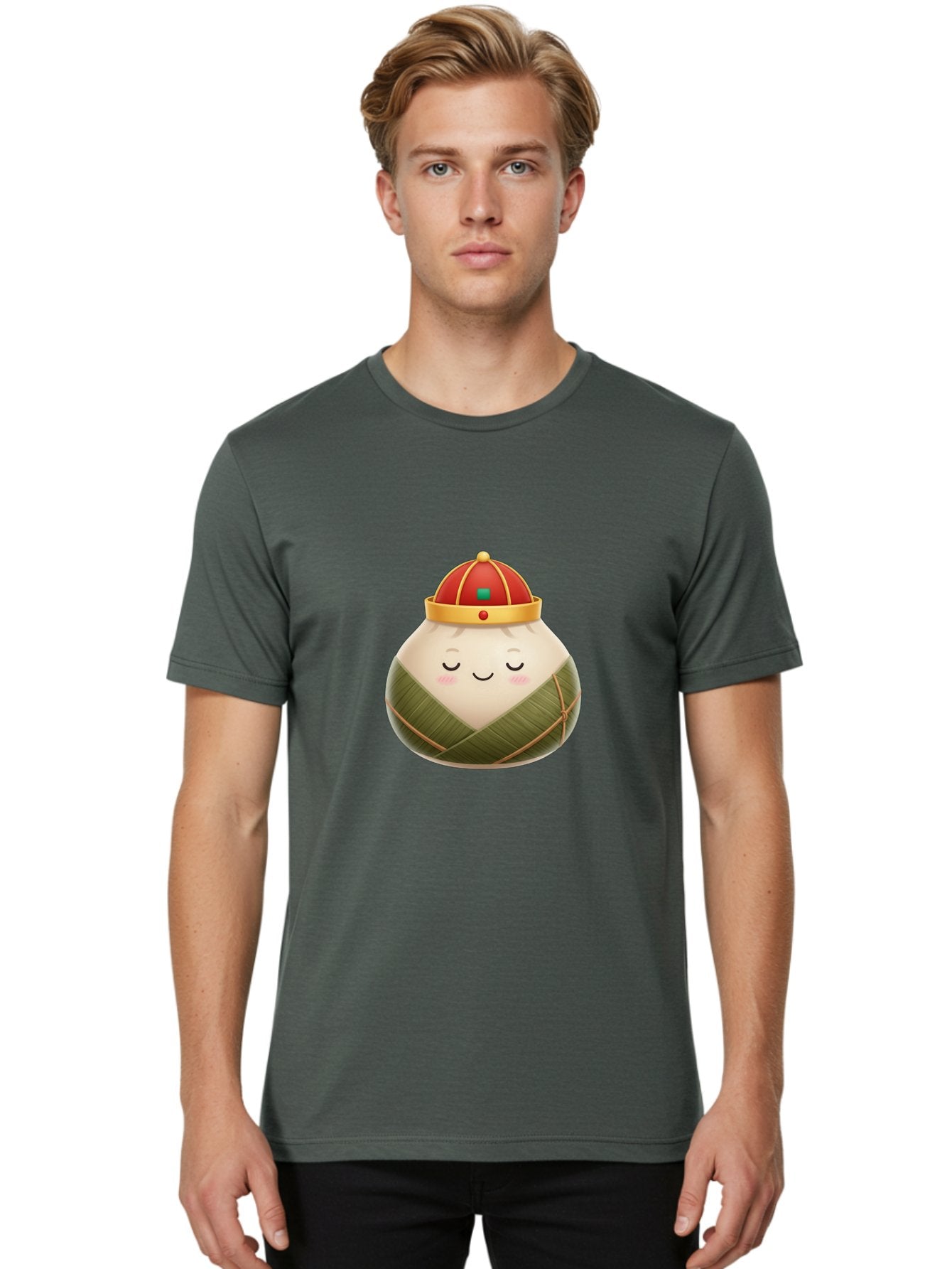 Zongzi-Dumpling-1 Men'S Graphic Tee, 100% Cotton, Comfortable Casual Summer Wear, Machine Washable, Traditional Chinese Food, Rice Dumpling, Wrapped In Bamboo Leaves, Festive Food, Cartoon Character, Smiling Face, Sleeping Expression, Bab607 17