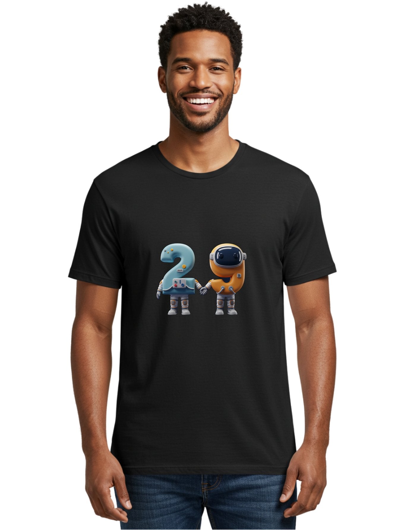 2-Robots Men'S Graphic Tee, 100% Cotton, Comfortable Casual Summer Wear, Machine Washable, 3D Rendered Robots, Robot Holding Number 2, Futuristic Design, Robotic Figures, Hand In Hand Robots, Orange And Blue Robots, Space Age, Robotics, Bab611 16