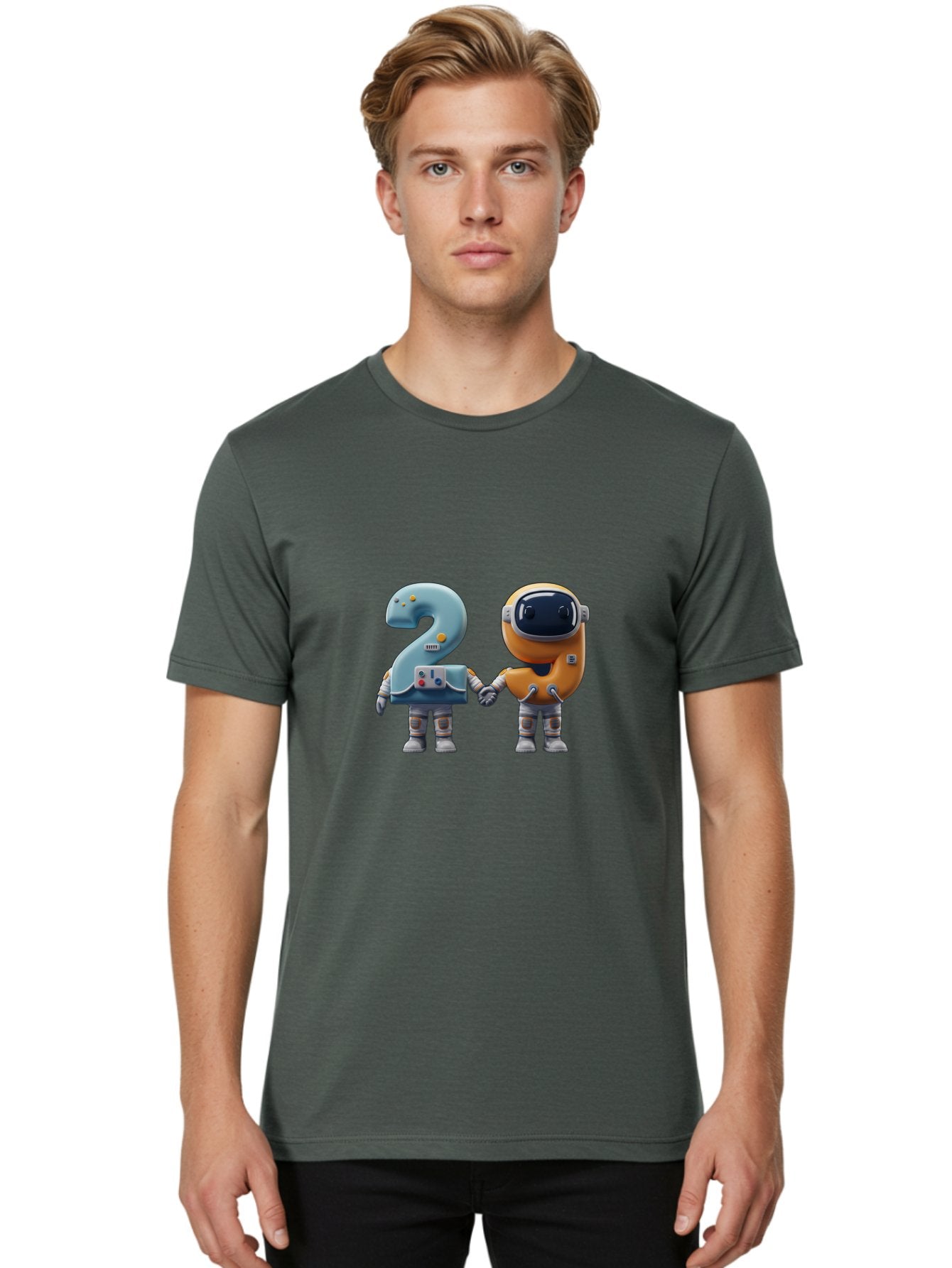 2-Robots Men'S Graphic Tee, 100% Cotton, Comfortable Casual Summer Wear, Machine Washable, 3D Rendered Robots, Robot Holding Number 2, Futuristic Design, Robotic Figures, Hand In Hand Robots, Orange And Blue Robots, Space Age, Robotics, Bab611 21