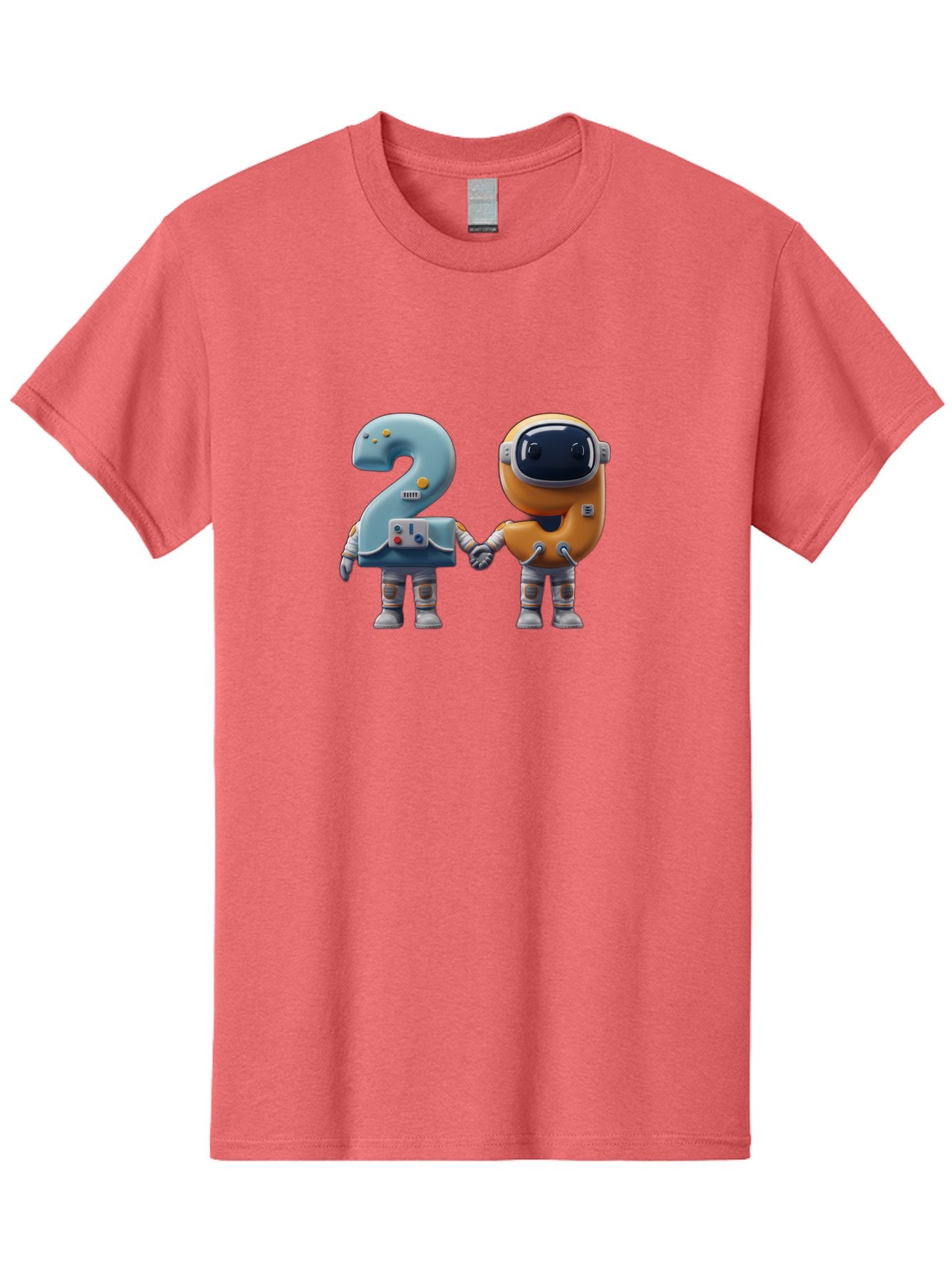 2-Robots Men'S Graphic Tee, 100% Cotton, Comfortable Casual Summer Wear, Machine Washable, 3D Rendered Robots, Robot Holding Number 2, Futuristic Design, Robotic Figures, Hand In Hand Robots, Orange And Blue Robots, Space Age, Robotics, Bab611 5