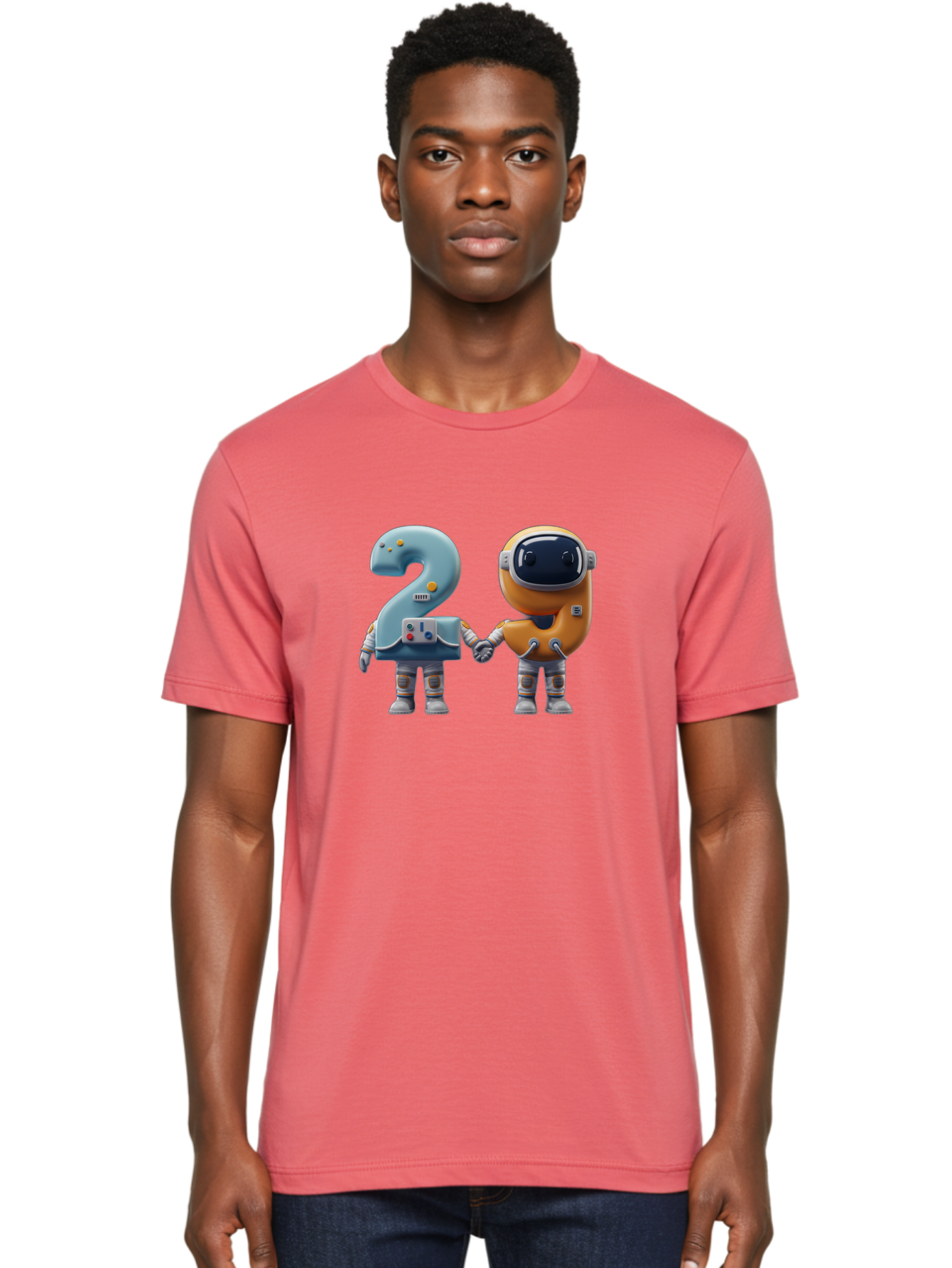 2-Robots Men'S Graphic Tee, 100% Cotton, Comfortable Casual Summer Wear, Machine Washable, 3D Rendered Robots, Robot Holding Number 2, Futuristic Design, Robotic Figures, Hand In Hand Robots, Orange And Blue Robots, Space Age, Robotics, Bab611 23