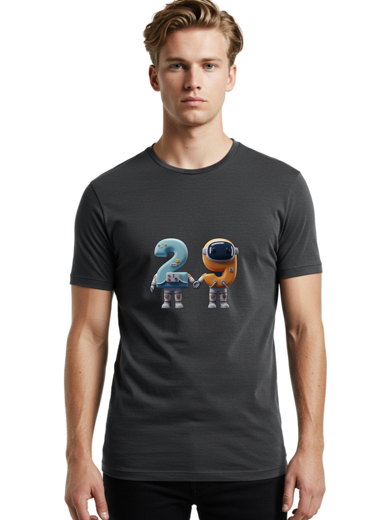 2-Robots Men'S Graphic Tee, 100% Cotton, Comfortable Casual Summer Wear, Machine Washable, 3D Rendered Robots, Robot Holding Number 2, Futuristic Design, Robotic Figures, Hand In Hand Robots, Orange And Blue Robots, Space Age, Robotics, Bab611 28