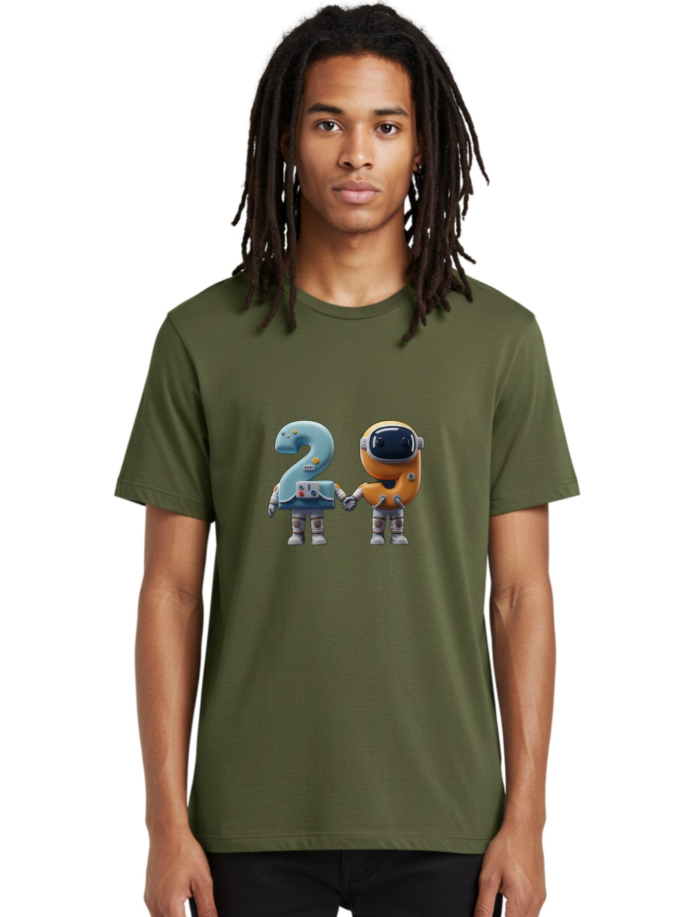 2-Robots Men'S Graphic Tee, 100% Cotton, Comfortable Casual Summer Wear, Machine Washable, 3D Rendered Robots, Robot Holding Number 2, Futuristic Design, Robotic Figures, Hand In Hand Robots, Orange And Blue Robots, Space Age, Robotics, Bab611 29