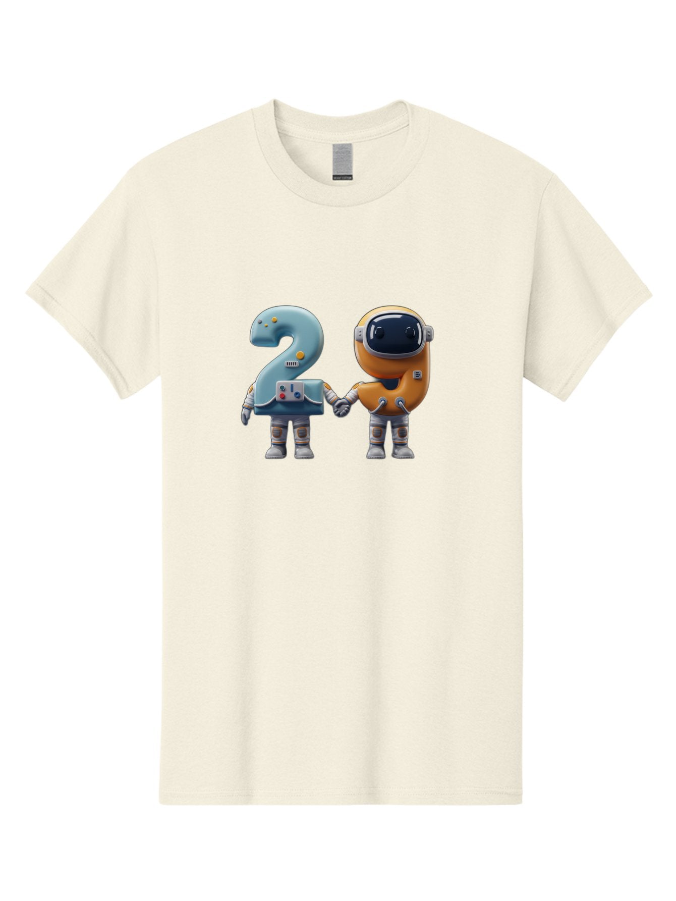 2-Robots Men'S Graphic Tee, 100% Cotton, Comfortable Casual Summer Wear, Machine Washable, 3D Rendered Robots, Robot Holding Number 2, Futuristic Design, Robotic Figures, Hand In Hand Robots, Orange And Blue Robots, Space Age, Robotics, Bab611 11