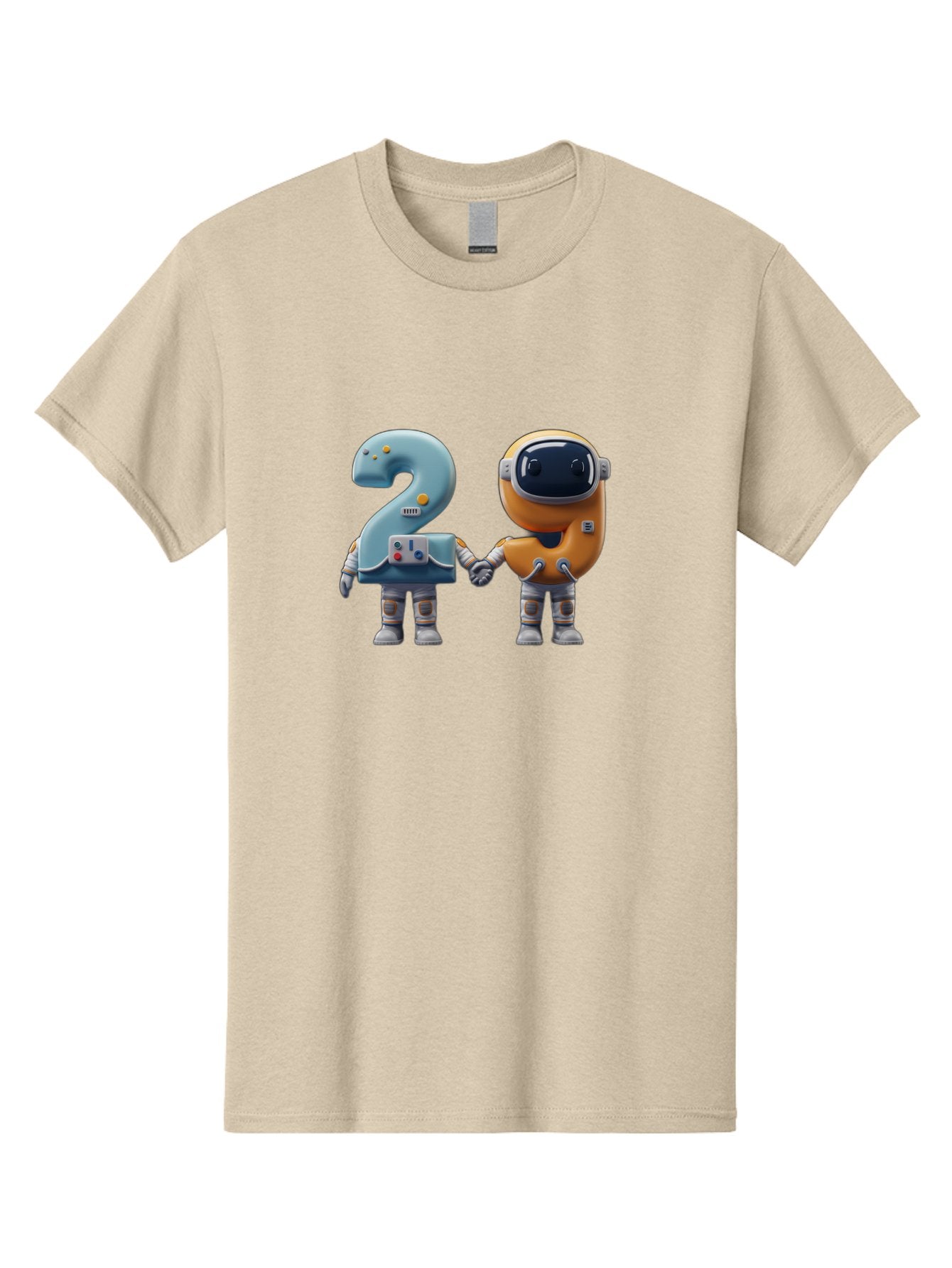 2-Robots Men'S Graphic Tee, 100% Cotton, Comfortable Casual Summer Wear, Machine Washable, 3D Rendered Robots, Robot Holding Number 2, Futuristic Design, Robotic Figures, Hand In Hand Robots, Orange And Blue Robots, Space Age, Robotics, Bab611 3