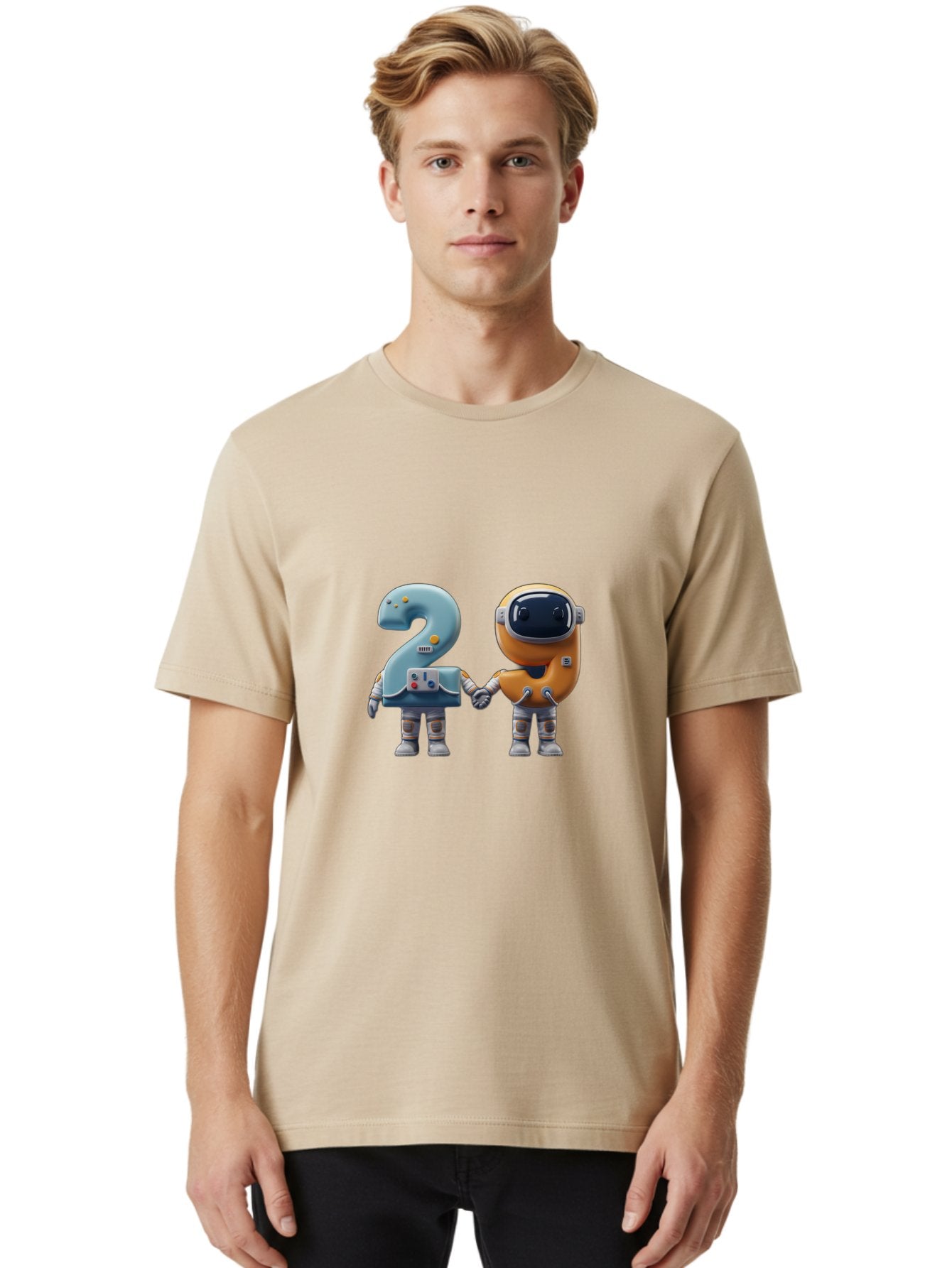 2-Robots Men'S Graphic Tee, 100% Cotton, Comfortable Casual Summer Wear, Machine Washable, 3D Rendered Robots, Robot Holding Number 2, Futuristic Design, Robotic Figures, Hand In Hand Robots, Orange And Blue Robots, Space Age, Robotics, Bab611 22