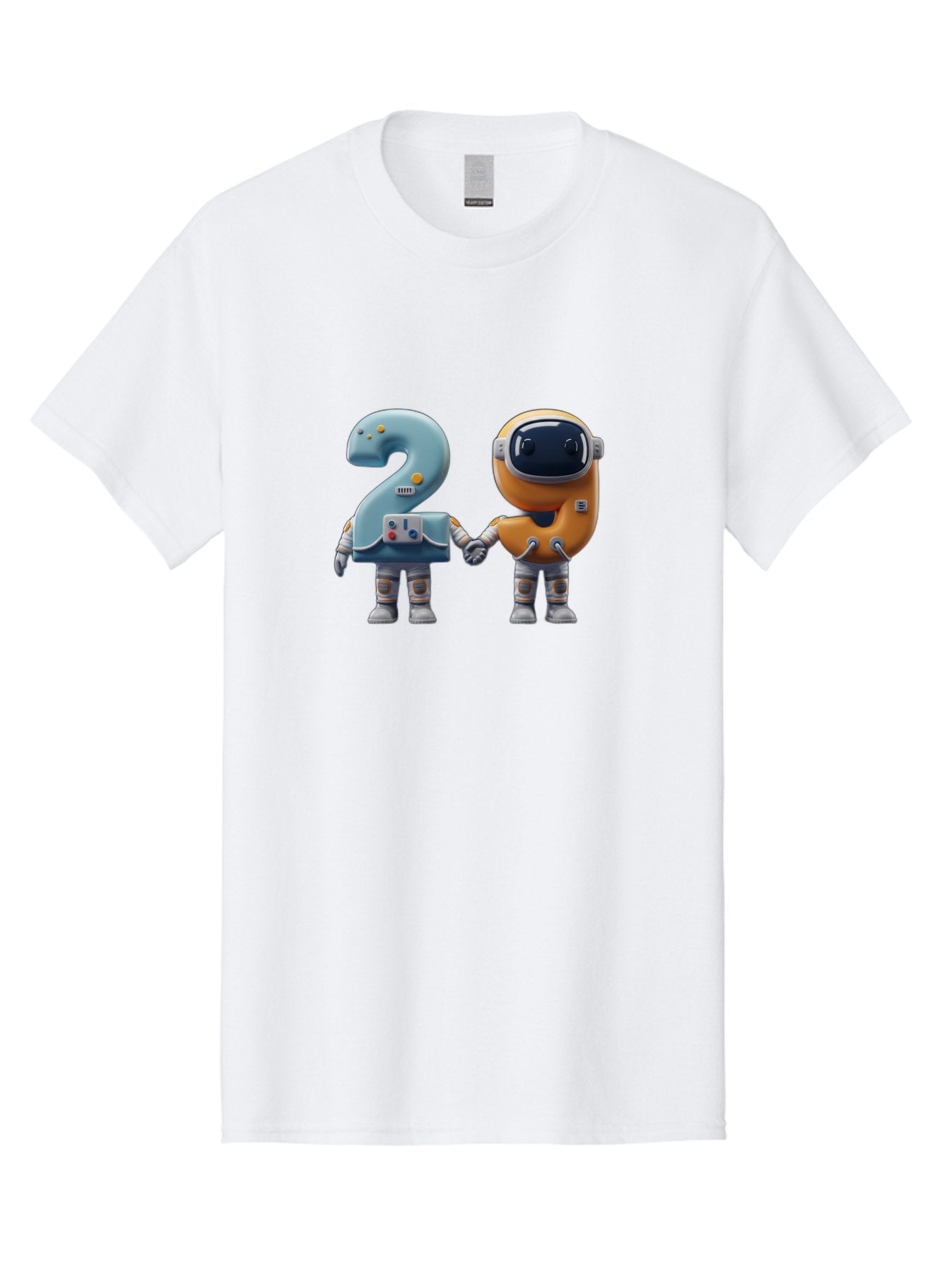 2-Robots Men'S Graphic Tee, 100% Cotton, Comfortable Casual Summer Wear, Machine Washable, 3D Rendered Robots, Robot Holding Number 2, Futuristic Design, Robotic Figures, Hand In Hand Robots, Orange And Blue Robots, Space Age, Robotics, Bab611 6