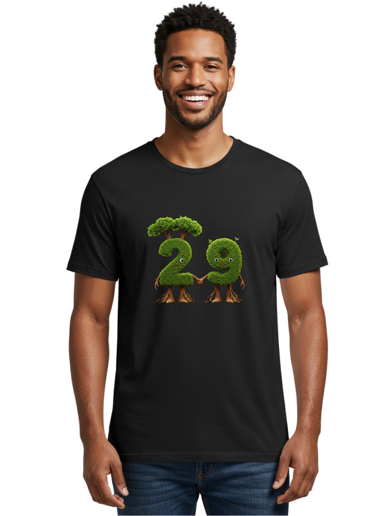 20 Men'S Graphic Tee, 100% Cotton, Comfortable Casual Summer Wear, Machine Washable, Topiary Numbers, Hand In Hand, Numbers 2 And 4, Foliage Characters, Leafy Figures, Green Numbers, Happy Faces, Whimsical Design, Nature-Inspired Art, Bab612 29