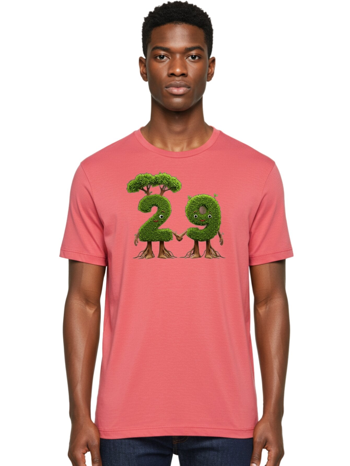 20 Men'S Graphic Tee, 100% Cotton, Comfortable Casual Summer Wear, Machine Washable, Topiary Numbers, Hand In Hand, Numbers 2 And 4, Foliage Characters, Leafy Figures, Green Numbers, Happy Faces, Whimsical Design, Nature-Inspired Art, Bab612 30