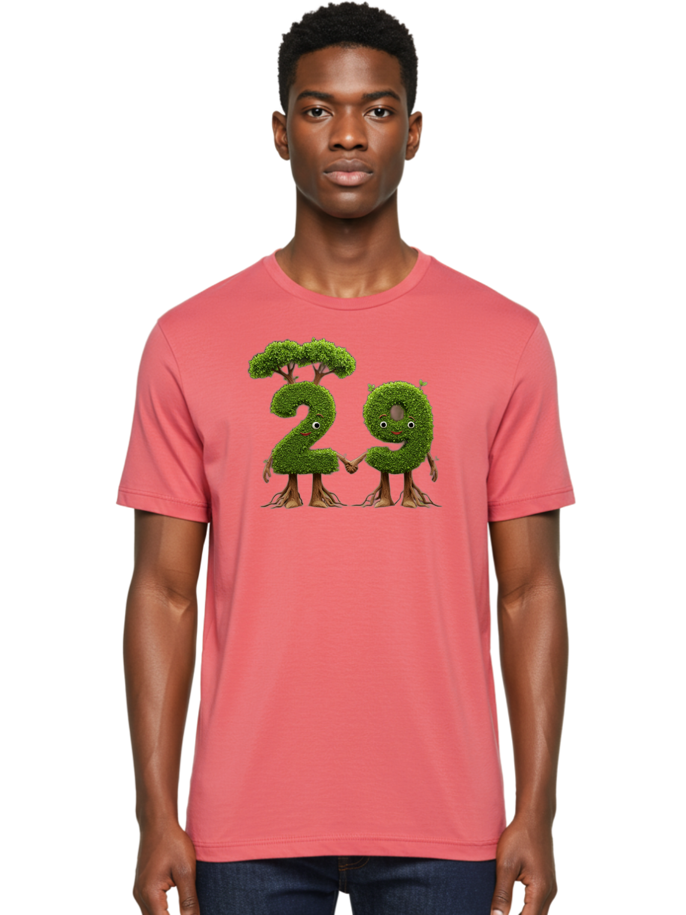 20 Men'S Graphic Tee, 100% Cotton, Comfortable Casual Summer Wear, Machine Washable, Topiary Numbers, Hand In Hand, Numbers 2 And 4, Foliage Characters, Leafy Figures, Green Numbers, Happy Faces, Whimsical Design, Nature-Inspired Art, Bab612 16