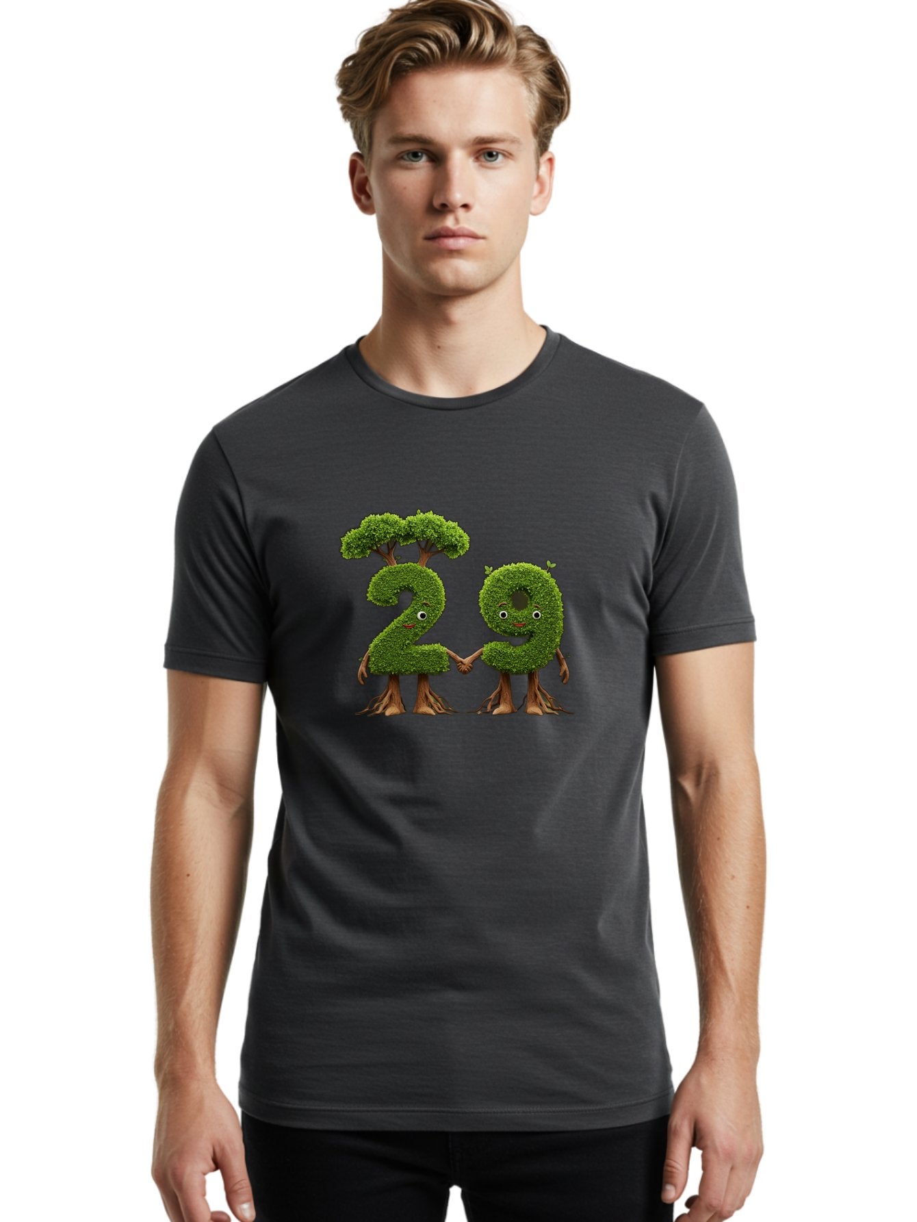 20 Men'S Graphic Tee, 100% Cotton, Comfortable Casual Summer Wear, Machine Washable, Topiary Numbers, Hand In Hand, Numbers 2 And 4, Foliage Characters, Leafy Figures, Green Numbers, Happy Faces, Whimsical Design, Nature-Inspired Art, Bab612 27