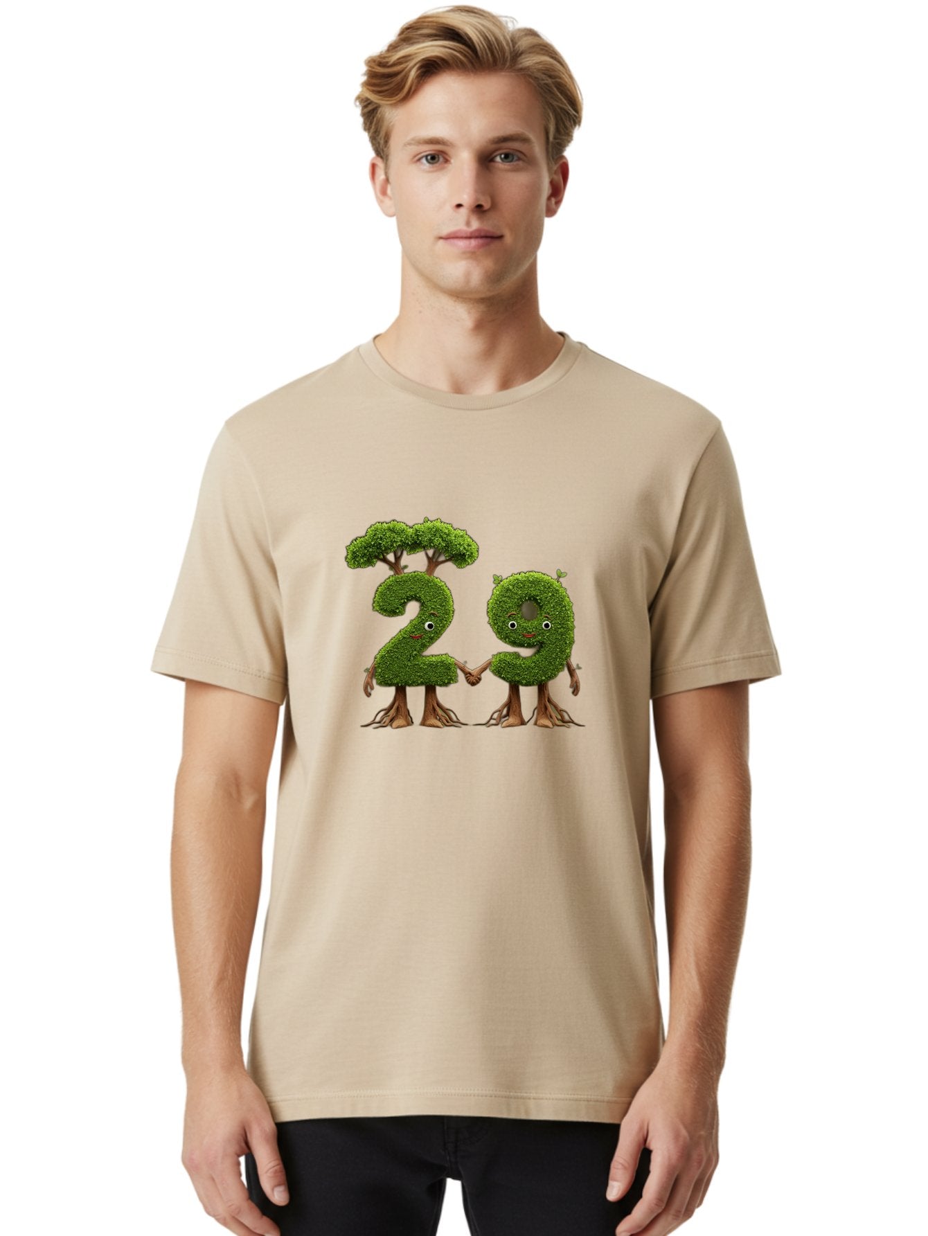 20 Men'S Graphic Tee, 100% Cotton, Comfortable Casual Summer Wear, Machine Washable, Topiary Numbers, Hand In Hand, Numbers 2 And 4, Foliage Characters, Leafy Figures, Green Numbers, Happy Faces, Whimsical Design, Nature-Inspired Art, Bab612 18
