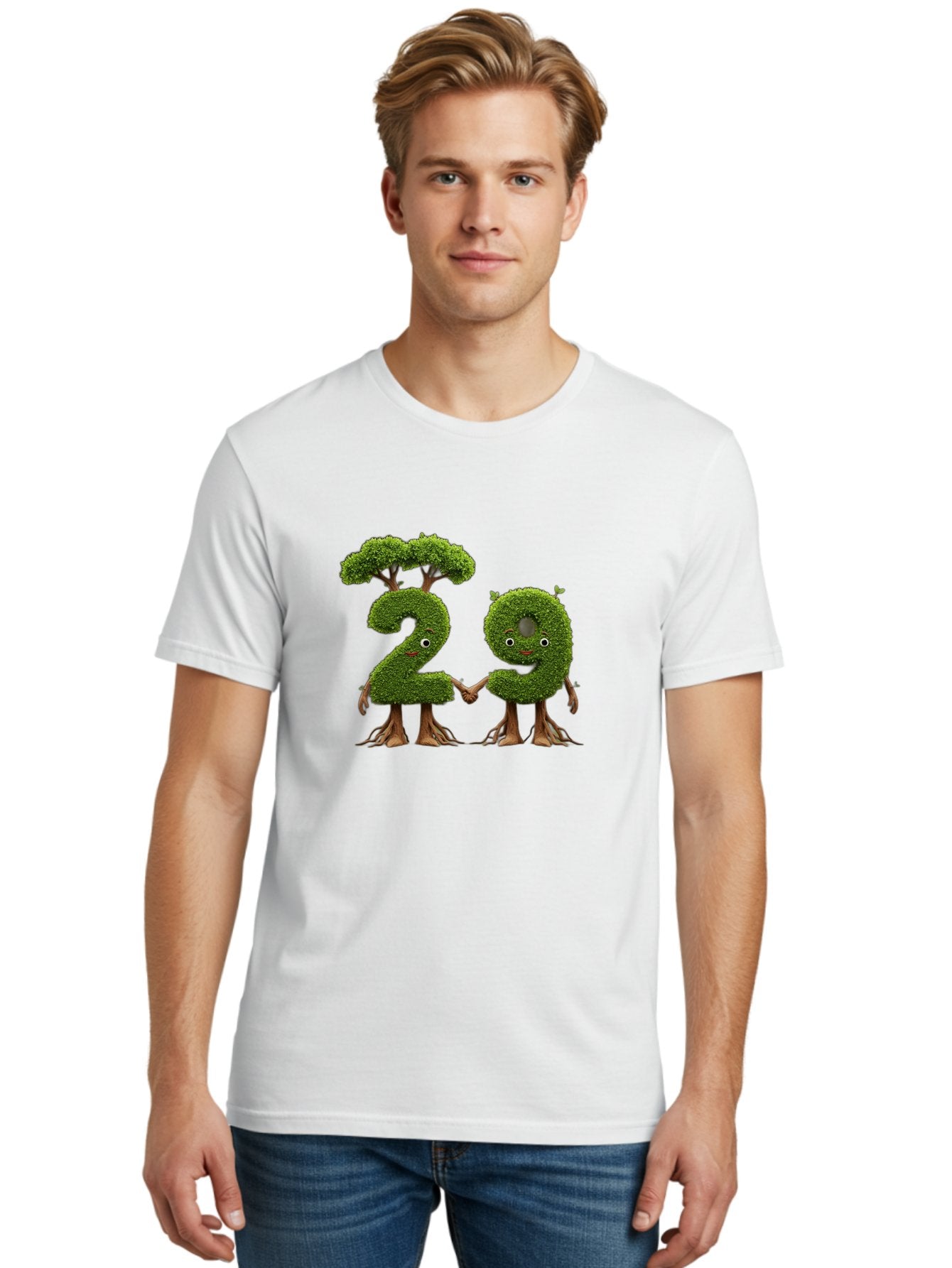 20 Men'S Graphic Tee, 100% Cotton, Comfortable Casual Summer Wear, Machine Washable, Topiary Numbers, Hand In Hand, Numbers 2 And 4, Foliage Characters, Leafy Figures, Green Numbers, Happy Faces, Whimsical Design, Nature-Inspired Art, Bab612 20