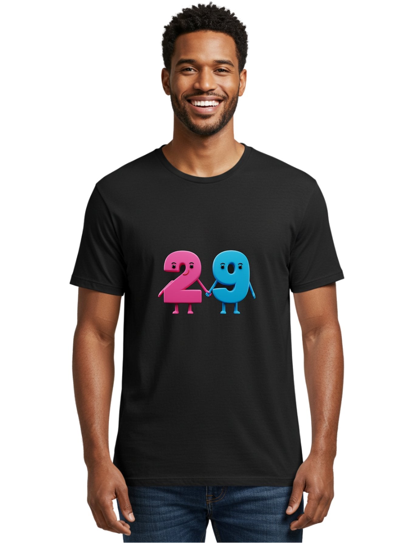 21 Men'S Graphic Tee, 100% Cotton, Comfortable Casual Summer Wear, Machine Washable, Cartoon Numbers 2 And 1, Pink And Blue Characters, Holding Hands, Smiling Faces, Friendly, Cute, Animated, Numbers With Personality, Digital Illustration, Bab613 26