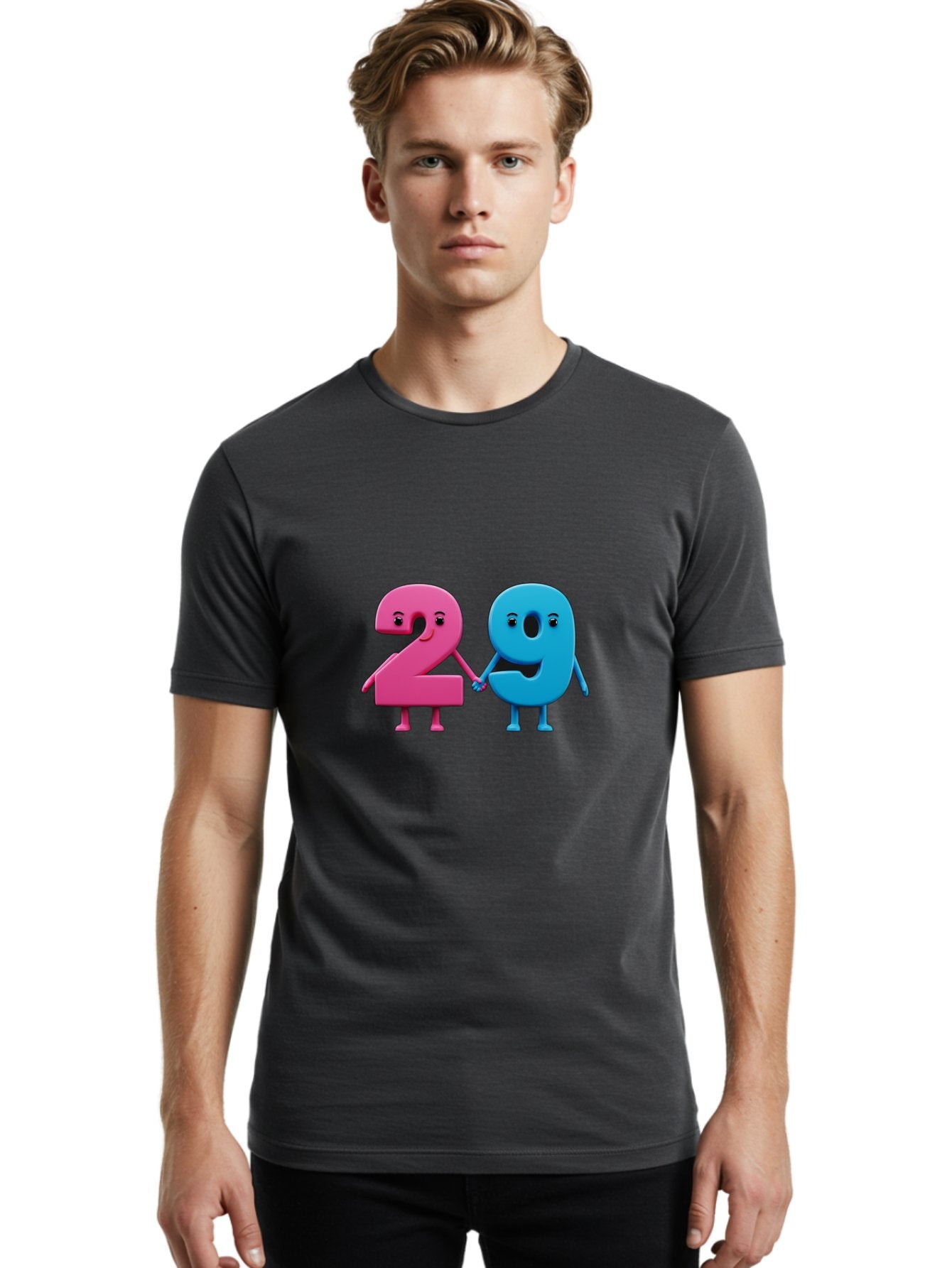 21 Men'S Graphic Tee, 100% Cotton, Comfortable Casual Summer Wear, Machine Washable, Cartoon Numbers 2 And 1, Pink And Blue Characters, Holding Hands, Smiling Faces, Friendly, Cute, Animated, Numbers With Personality, Digital Illustration, Bab613 21