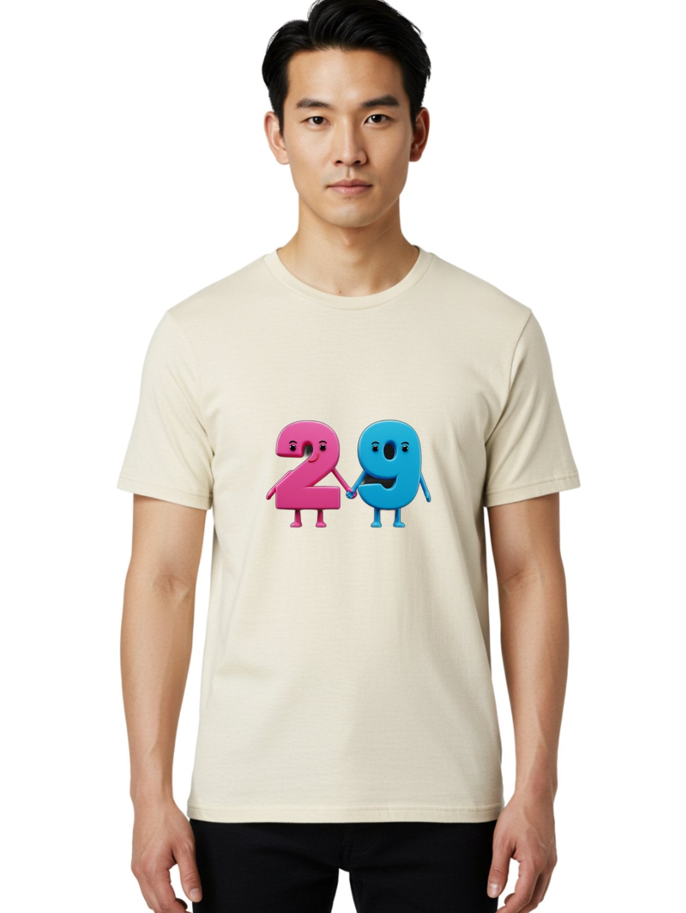 21 Men'S Graphic Tee, 100% Cotton, Comfortable Casual Summer Wear, Machine Washable, Cartoon Numbers 2 And 1, Pink And Blue Characters, Holding Hands, Smiling Faces, Friendly, Cute, Animated, Numbers With Personality, Digital Illustration, Bab613 16