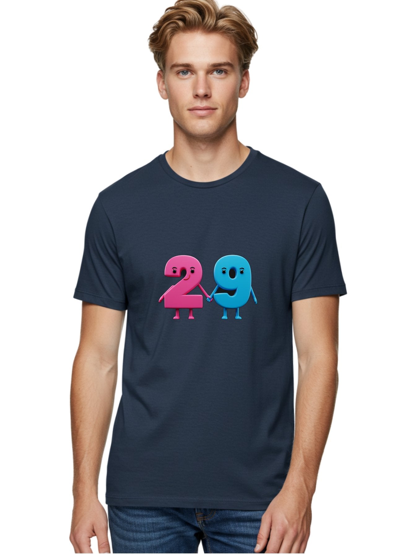 21 Men'S Graphic Tee, 100% Cotton, Comfortable Casual Summer Wear, Machine Washable, Cartoon Numbers 2 And 1, Pink And Blue Characters, Holding Hands, Smiling Faces, Friendly, Cute, Animated, Numbers With Personality, Digital Illustration, Bab613 27