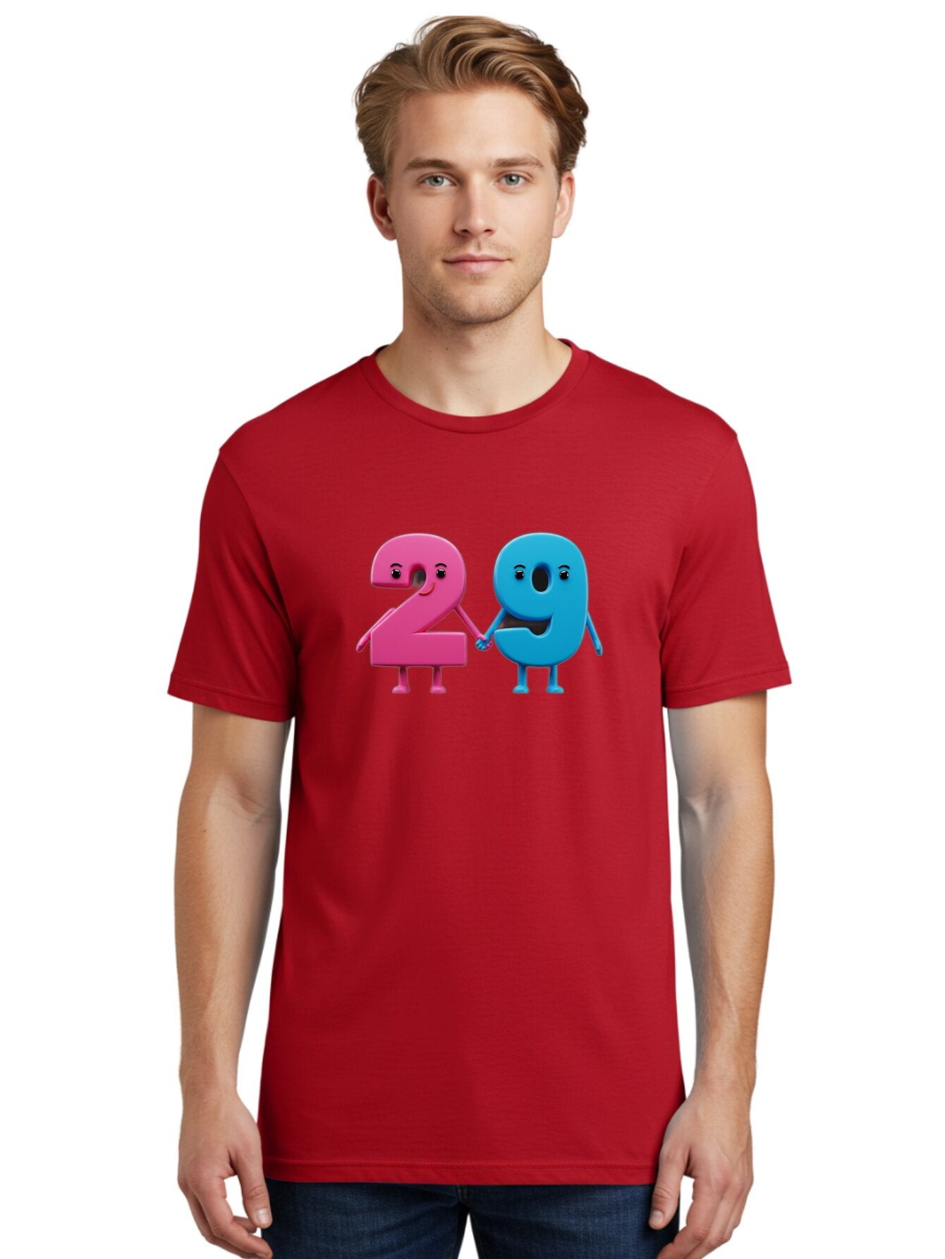 21 Men'S Graphic Tee, 100% Cotton, Comfortable Casual Summer Wear, Machine Washable, Cartoon Numbers 2 And 1, Pink And Blue Characters, Holding Hands, Smiling Faces, Friendly, Cute, Animated, Numbers With Personality, Digital Illustration, Bab613 17