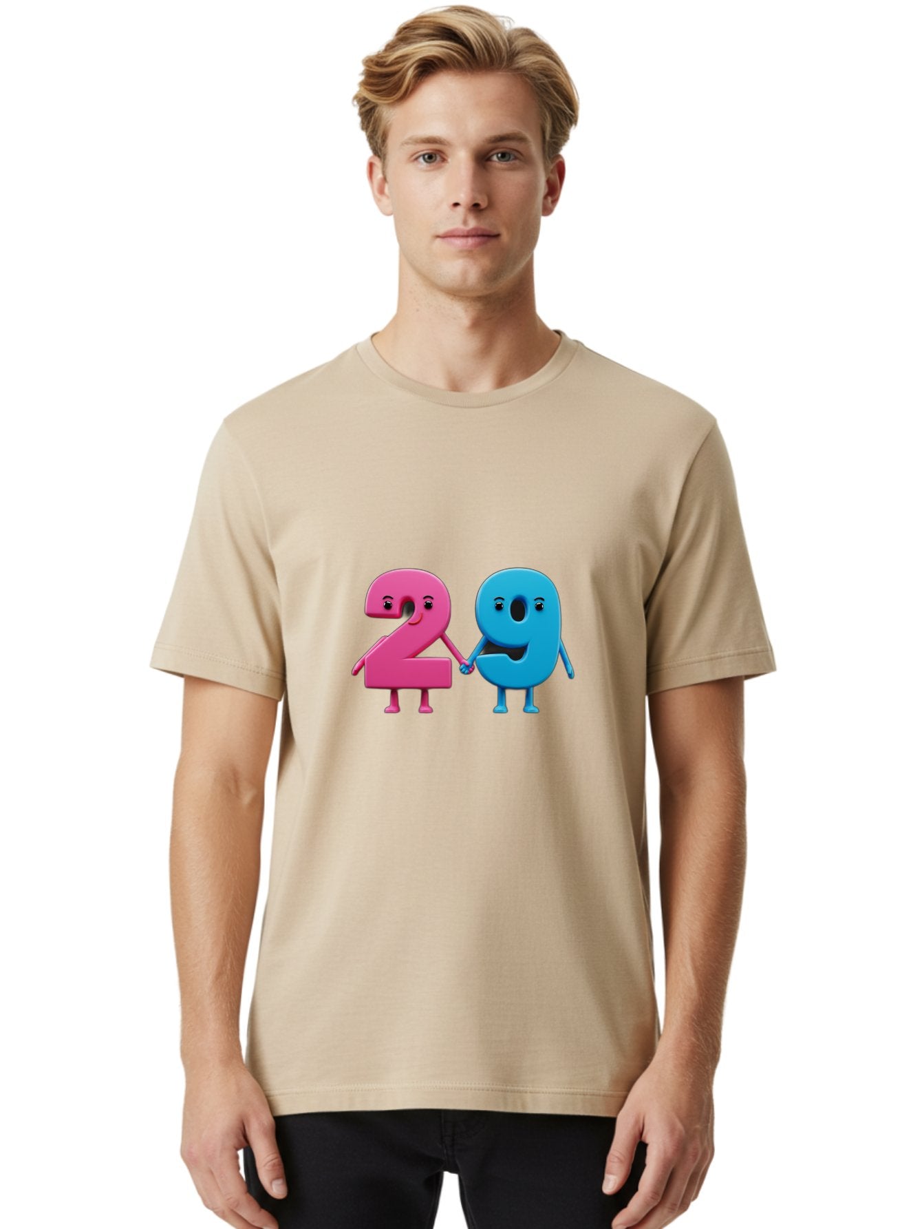 21 Men'S Graphic Tee, 100% Cotton, Comfortable Casual Summer Wear, Machine Washable, Cartoon Numbers 2 And 1, Pink And Blue Characters, Holding Hands, Smiling Faces, Friendly, Cute, Animated, Numbers With Personality, Digital Illustration, Bab613 25