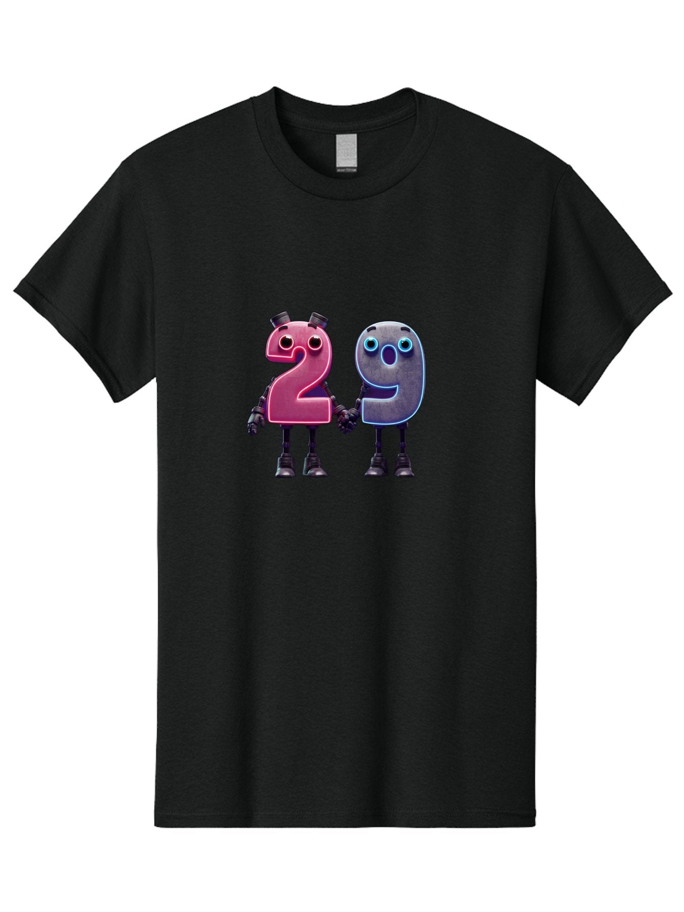 29 Men'S Graphic Tee, 100% Cotton, Comfortable Casual Summer Wear, Machine Washable, Anthropomorphic Numbers, Robotic Characters, 2 And 9, Futuristic Design, Neon Lights, Holding Hands, Friendly Duo, Cyborg Digits, Numerical Friends, Bab614 14