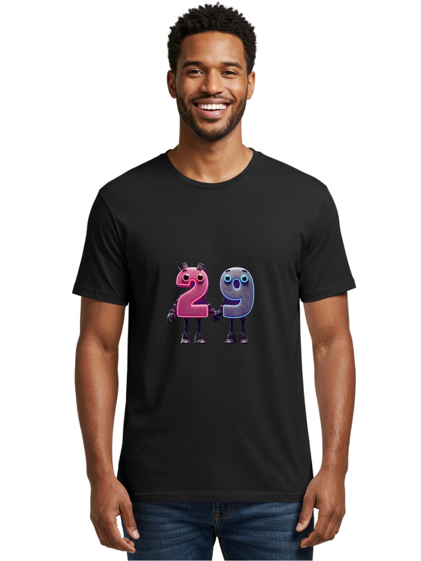 29 Men'S Graphic Tee, 100% Cotton, Comfortable Casual Summer Wear, Machine Washable, Anthropomorphic Numbers, Robotic Characters, 2 And 9, Futuristic Design, Neon Lights, Holding Hands, Friendly Duo, Cyborg Digits, Numerical Friends, Bab614 29
