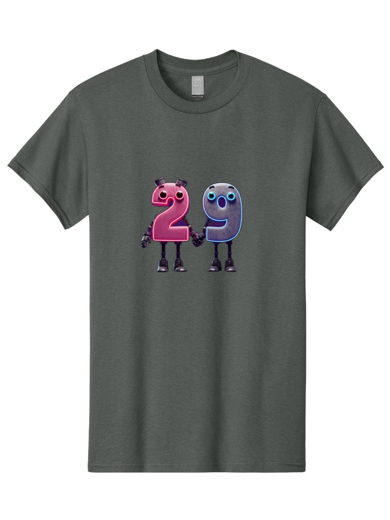 29 Men'S Graphic Tee, 100% Cotton, Comfortable Casual Summer Wear, Machine Washable, Anthropomorphic Numbers, Robotic Characters, 2 And 9, Futuristic Design, Neon Lights, Holding Hands, Friendly Duo, Cyborg Digits, Numerical Friends, Bab614 6
