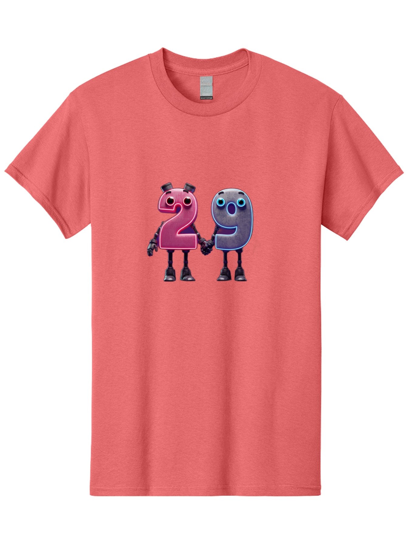 29 Men'S Graphic Tee, 100% Cotton, Comfortable Casual Summer Wear, Machine Washable, Anthropomorphic Numbers, Robotic Characters, 2 And 9, Futuristic Design, Neon Lights, Holding Hands, Friendly Duo, Cyborg Digits, Numerical Friends, Bab614 5
