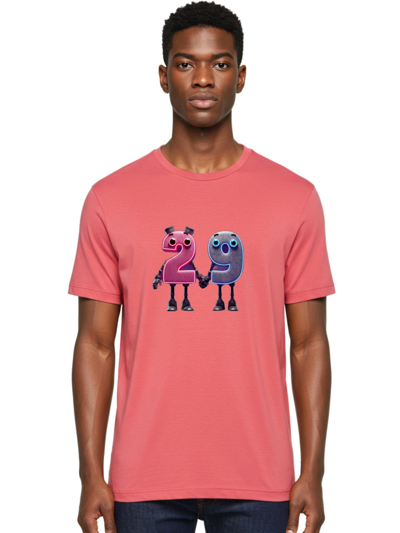 29 Men'S Graphic Tee, 100% Cotton, Comfortable Casual Summer Wear, Machine Washable, Anthropomorphic Numbers, Robotic Characters, 2 And 9, Futuristic Design, Neon Lights, Holding Hands, Friendly Duo, Cyborg Digits, Numerical Friends, Bab614 23