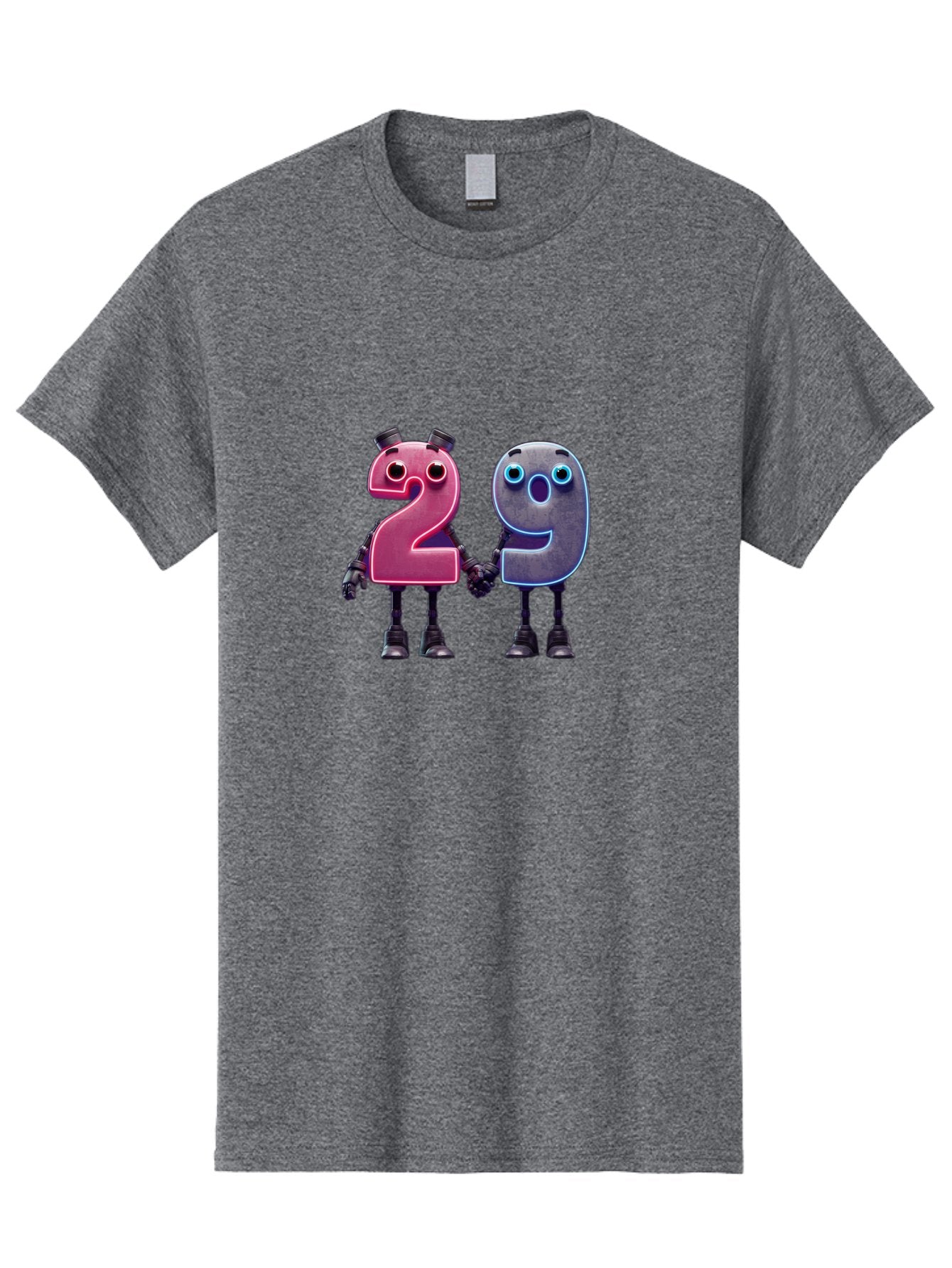 29 Men'S Graphic Tee, 100% Cotton, Comfortable Casual Summer Wear, Machine Washable, Anthropomorphic Numbers, Robotic Characters, 2 And 9, Futuristic Design, Neon Lights, Holding Hands, Friendly Duo, Cyborg Digits, Numerical Friends, Bab614 8