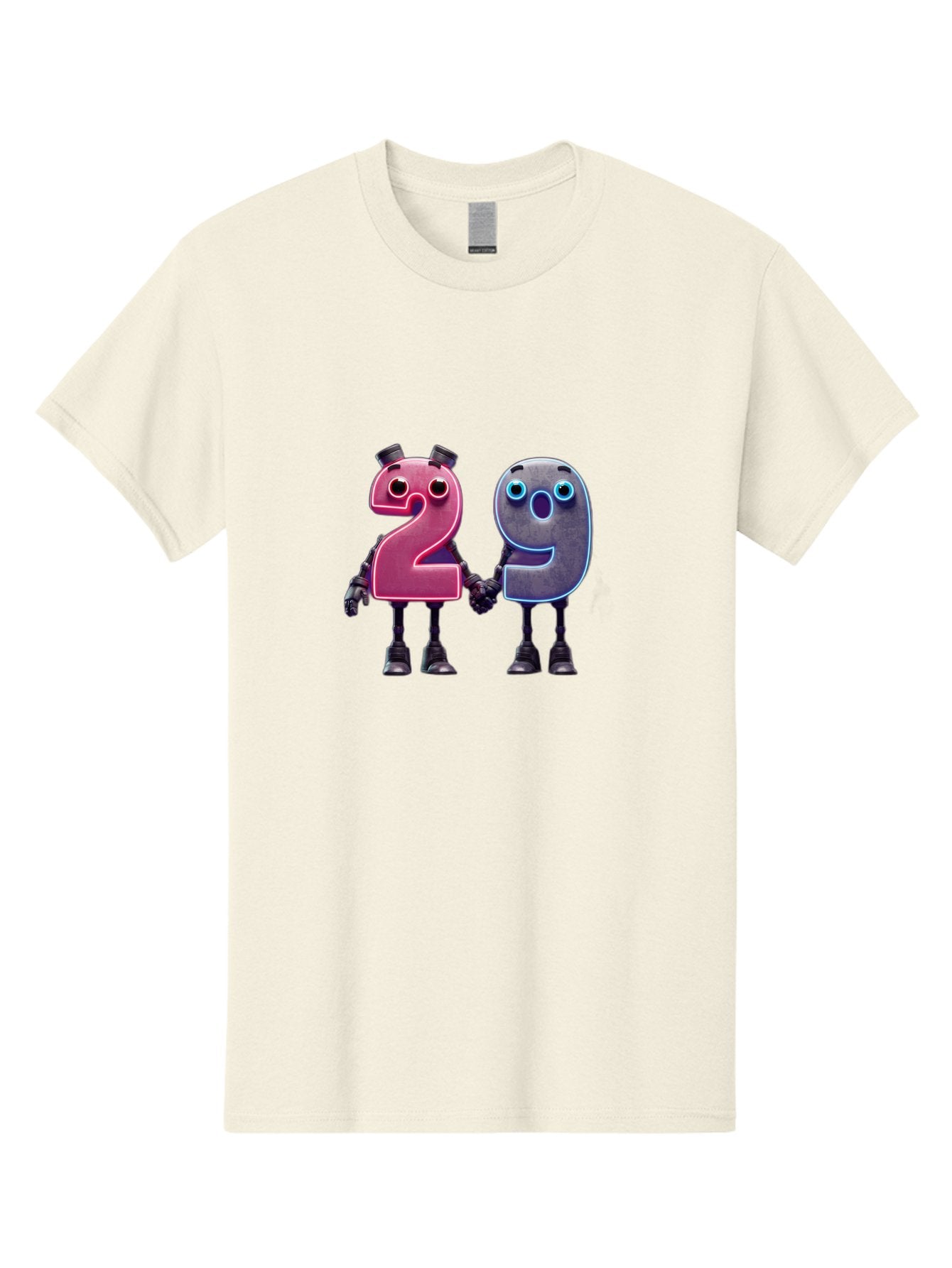 29 Men'S Graphic Tee, 100% Cotton, Comfortable Casual Summer Wear, Machine Washable, Anthropomorphic Numbers, Robotic Characters, 2 And 9, Futuristic Design, Neon Lights, Holding Hands, Friendly Duo, Cyborg Digits, Numerical Friends, Bab614 13