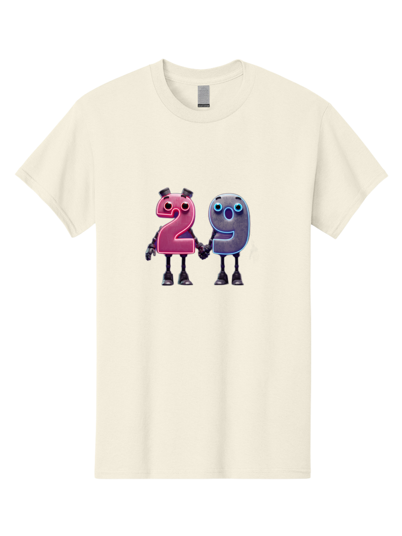 29 Men'S Graphic Tee, 100% Cotton, Comfortable Casual Summer Wear, Machine Washable, Anthropomorphic Numbers, Robotic Characters, 2 And 9, Futuristic Design, Neon Lights, Holding Hands, Friendly Duo, Cyborg Digits, Numerical Friends, Bab614 15