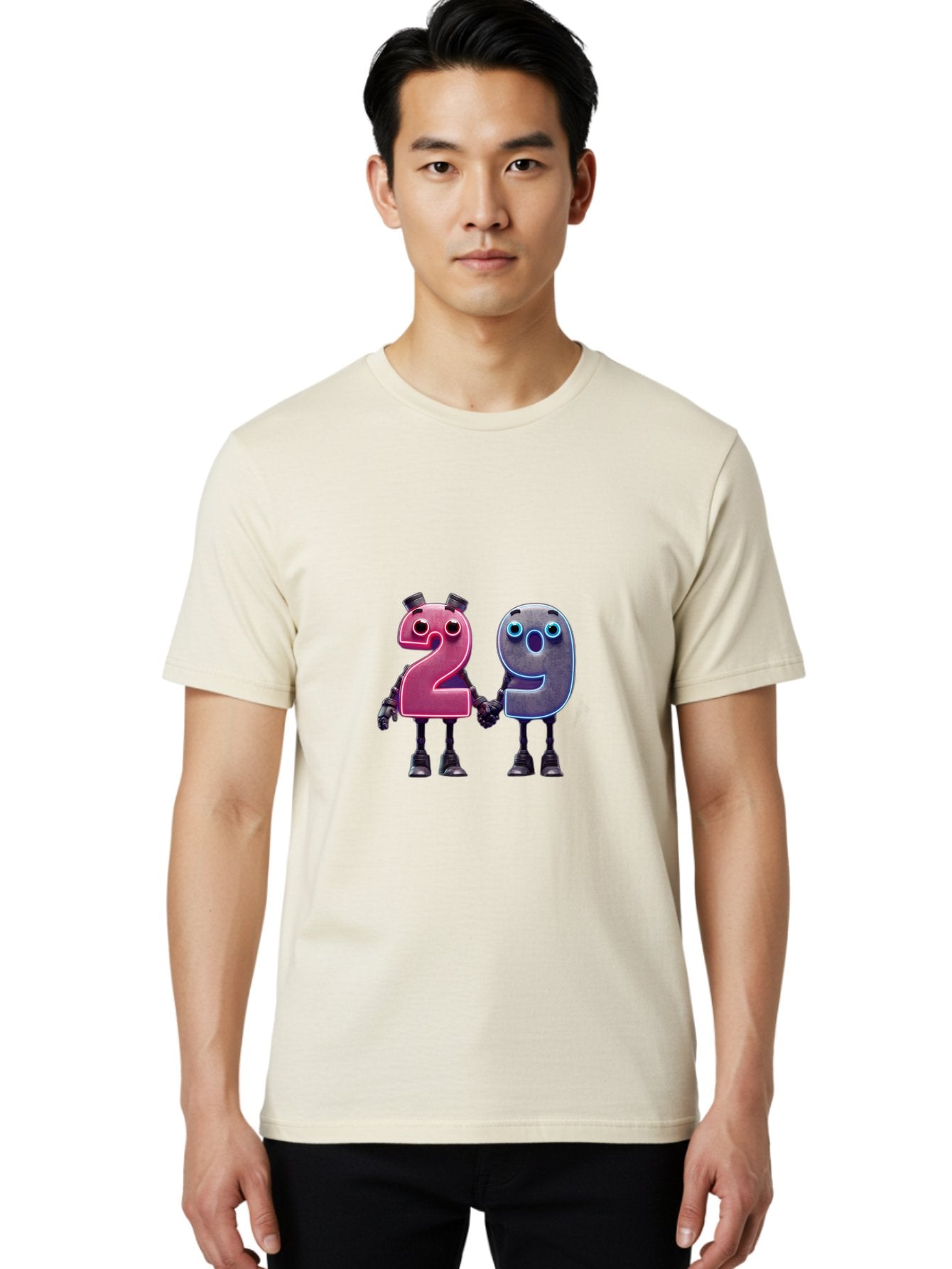 29 Men'S Graphic Tee, 100% Cotton, Comfortable Casual Summer Wear, Machine Washable, Anthropomorphic Numbers, Robotic Characters, 2 And 9, Futuristic Design, Neon Lights, Holding Hands, Friendly Duo, Cyborg Digits, Numerical Friends, Bab614 20