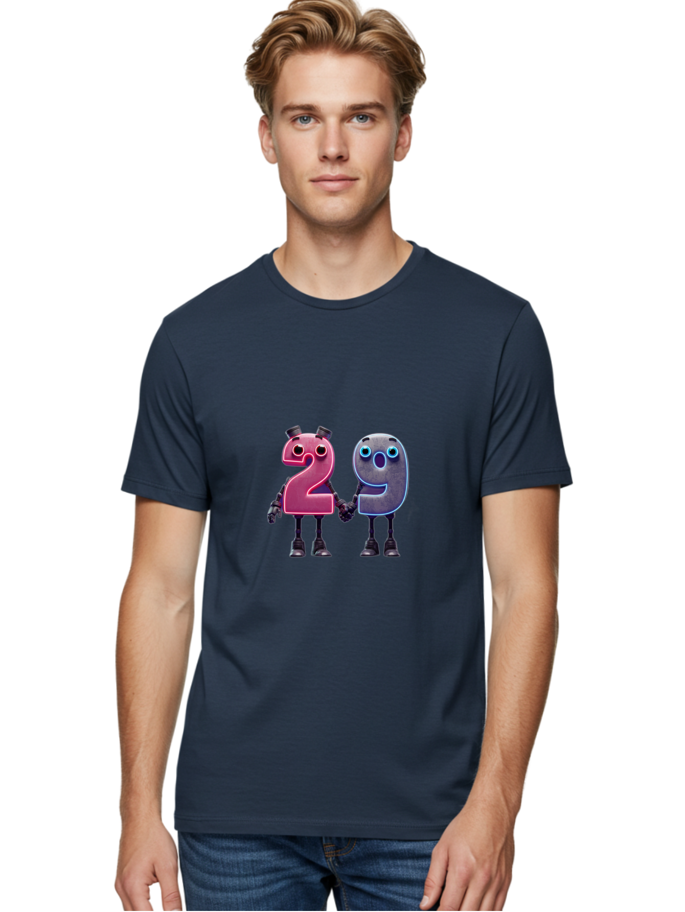 29 Men'S Graphic Tee, 100% Cotton, Comfortable Casual Summer Wear, Machine Washable, Anthropomorphic Numbers, Robotic Characters, 2 And 9, Futuristic Design, Neon Lights, Holding Hands, Friendly Duo, Cyborg Digits, Numerical Friends, Bab614 20