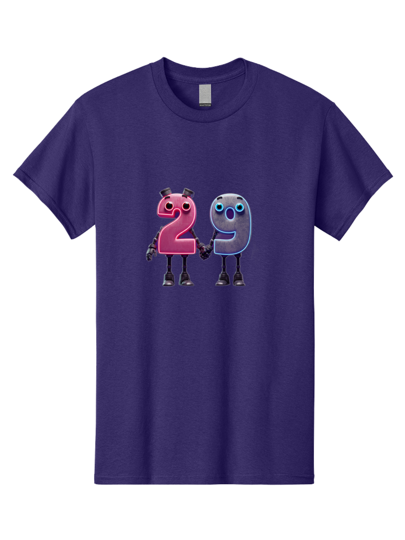 29 Men'S Graphic Tee, 100% Cotton, Comfortable Casual Summer Wear, Machine Washable, Anthropomorphic Numbers, Robotic Characters, 2 And 9, Futuristic Design, Neon Lights, Holding Hands, Friendly Duo, Cyborg Digits, Numerical Friends, Bab614 11