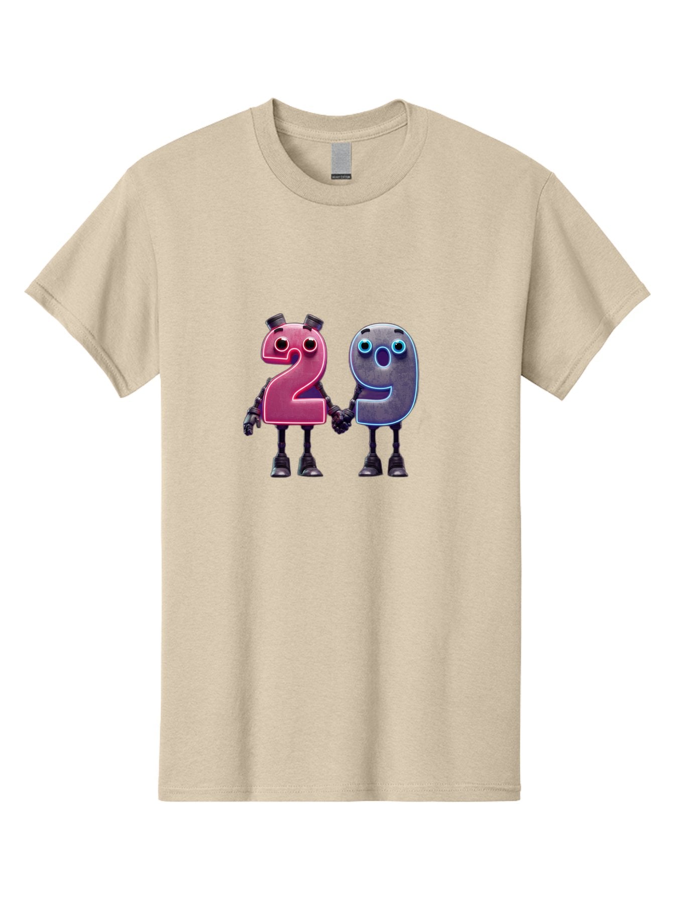 29 Men'S Graphic Tee, 100% Cotton, Comfortable Casual Summer Wear, Machine Washable, Anthropomorphic Numbers, Robotic Characters, 2 And 9, Futuristic Design, Neon Lights, Holding Hands, Friendly Duo, Cyborg Digits, Numerical Friends, Bab614 4