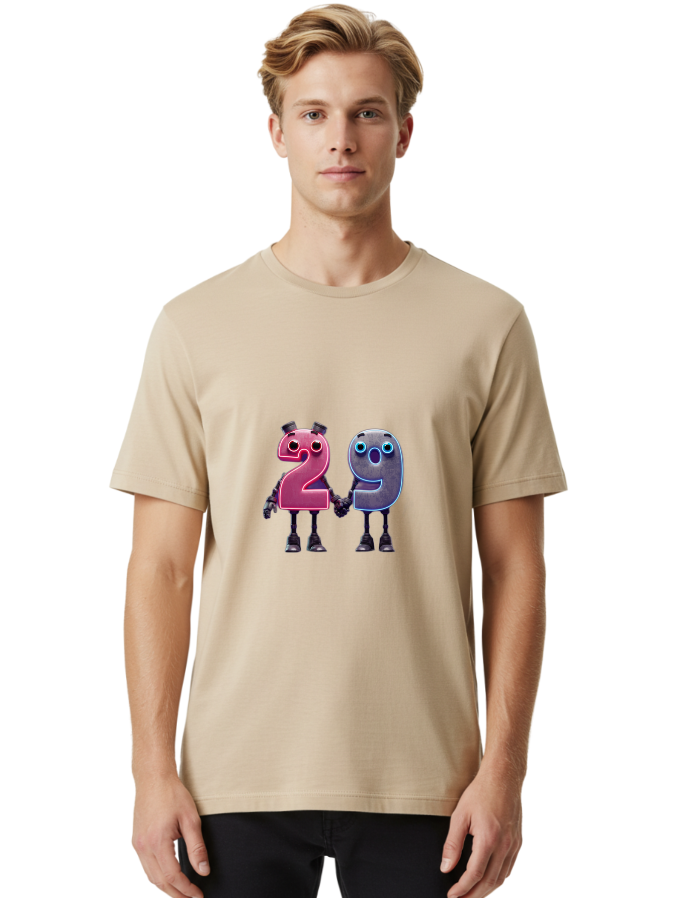29 Men'S Graphic Tee, 100% Cotton, Comfortable Casual Summer Wear, Machine Washable, Anthropomorphic Numbers, Robotic Characters, 2 And 9, Futuristic Design, Neon Lights, Holding Hands, Friendly Duo, Cyborg Digits, Numerical Friends, Bab614 27