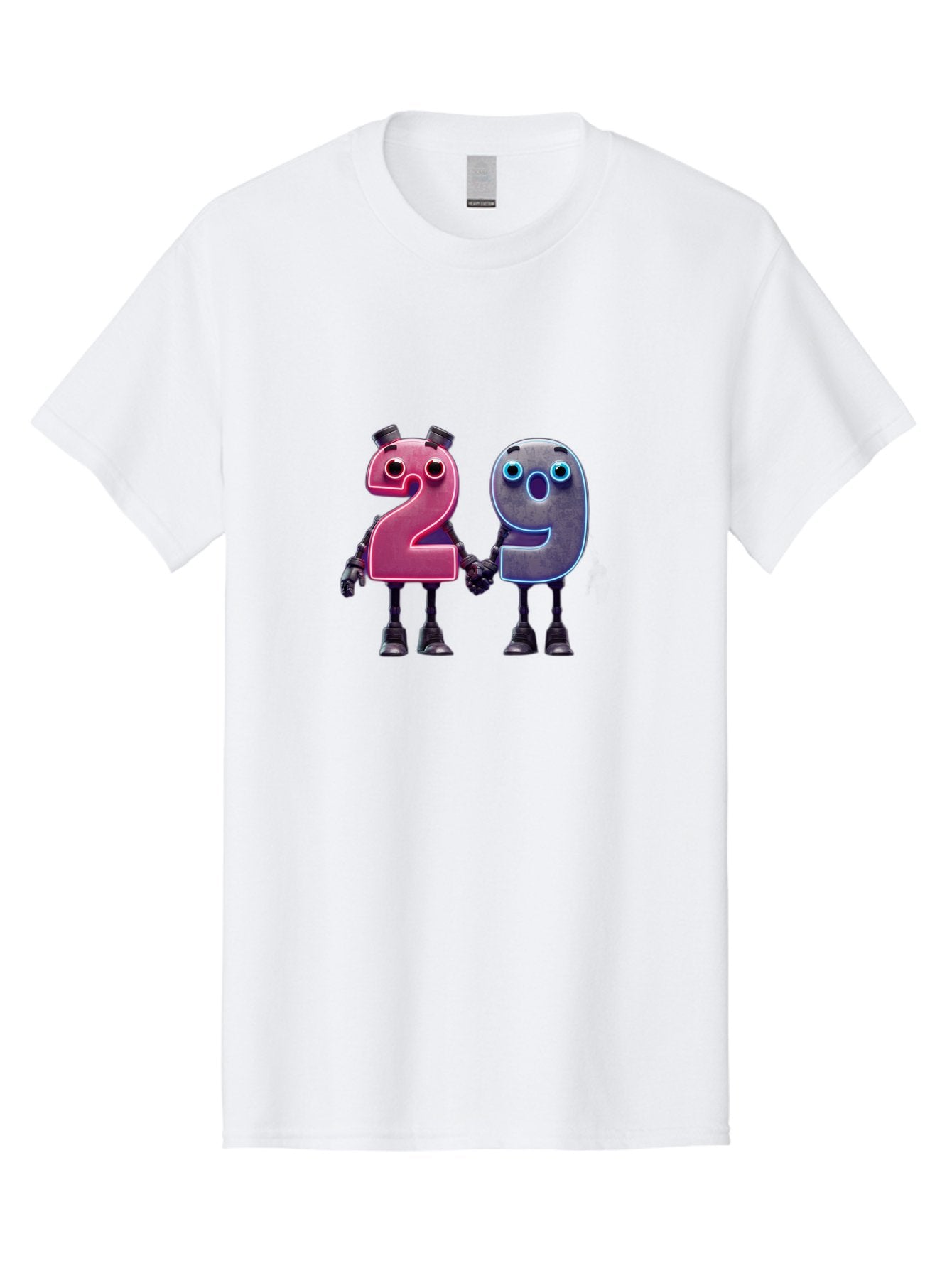29 Men'S Graphic Tee, 100% Cotton, Comfortable Casual Summer Wear, Machine Washable, Anthropomorphic Numbers, Robotic Characters, 2 And 9, Futuristic Design, Neon Lights, Holding Hands, Friendly Duo, Cyborg Digits, Numerical Friends, Bab614 12