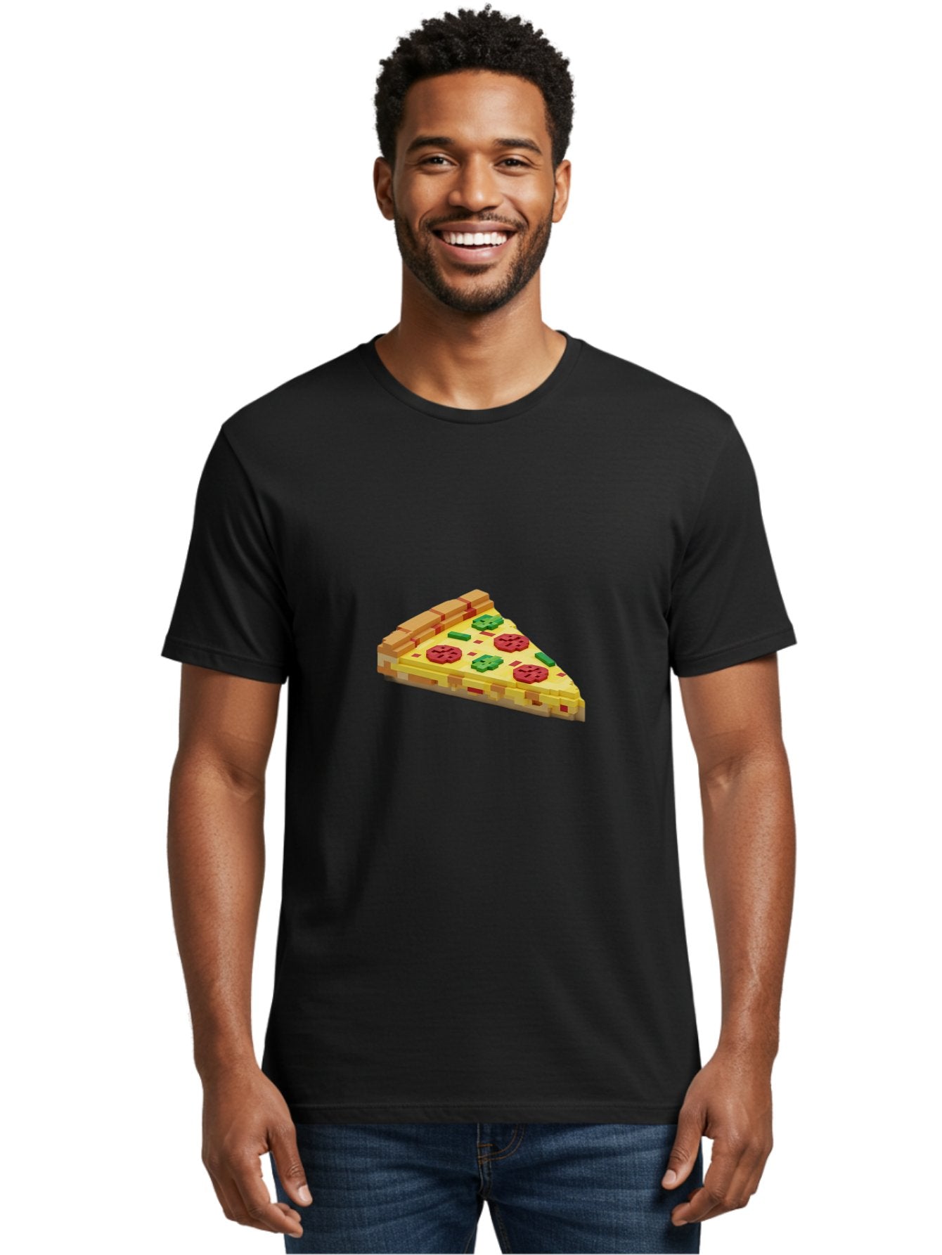 3D-Pizza-Slice Men'S Graphic Tee, 100% Cotton, Comfortable Casual Summer Wear, Machine Washable, Pixel Art, Pizza Slice, 3D Graphics, Pepperoni Pizza, Green Peppers, Yellow Crust, Red Toppings, Digital Illustration, Blocky Texture, Bab615 22